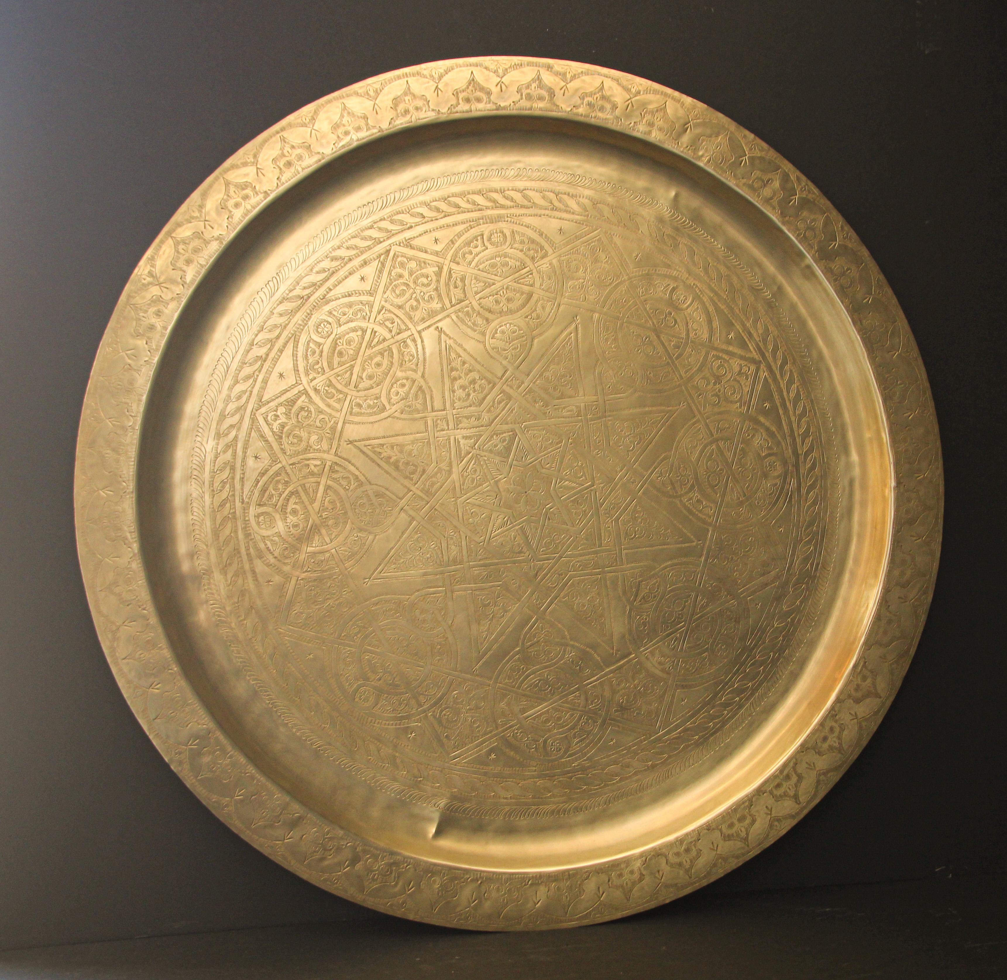 Moroccan Polished Round Large Brass Tray 35 in. Diameter 4