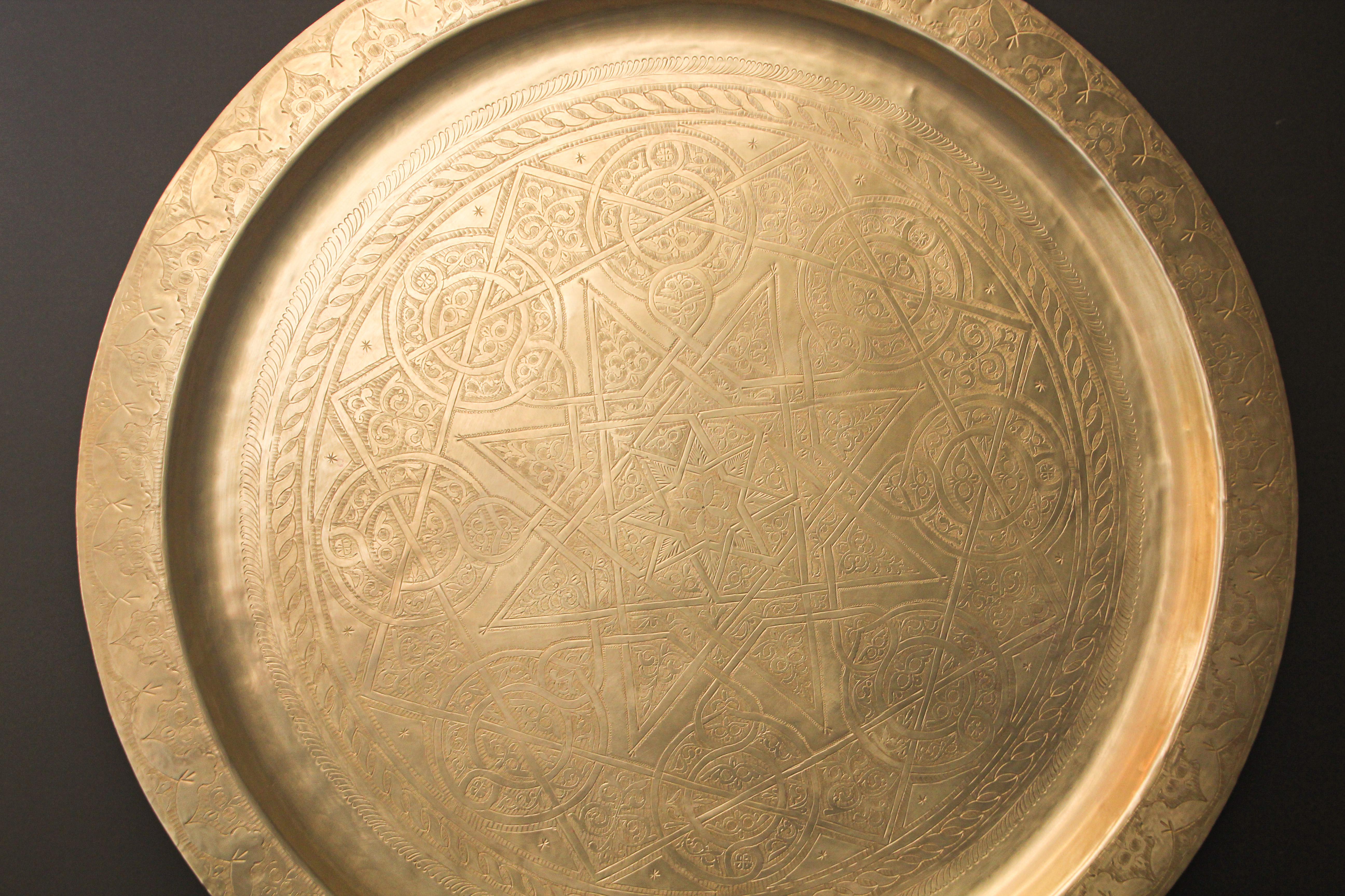 Moroccan Polished Round Large Brass Tray 35 in. Diameter 5