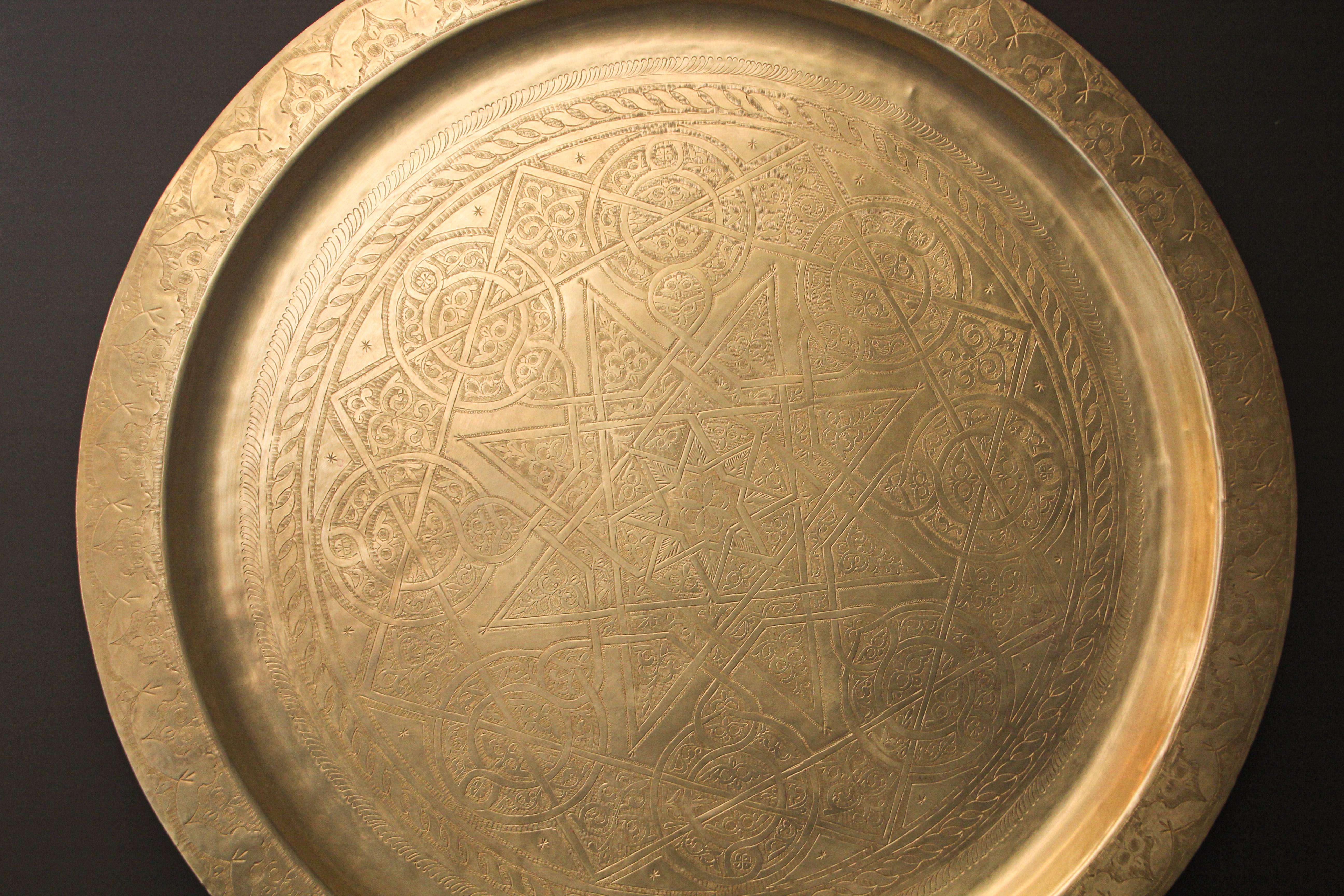 Hand-Carved Moroccan Polished Round Large Brass Tray 35 in. Diameter