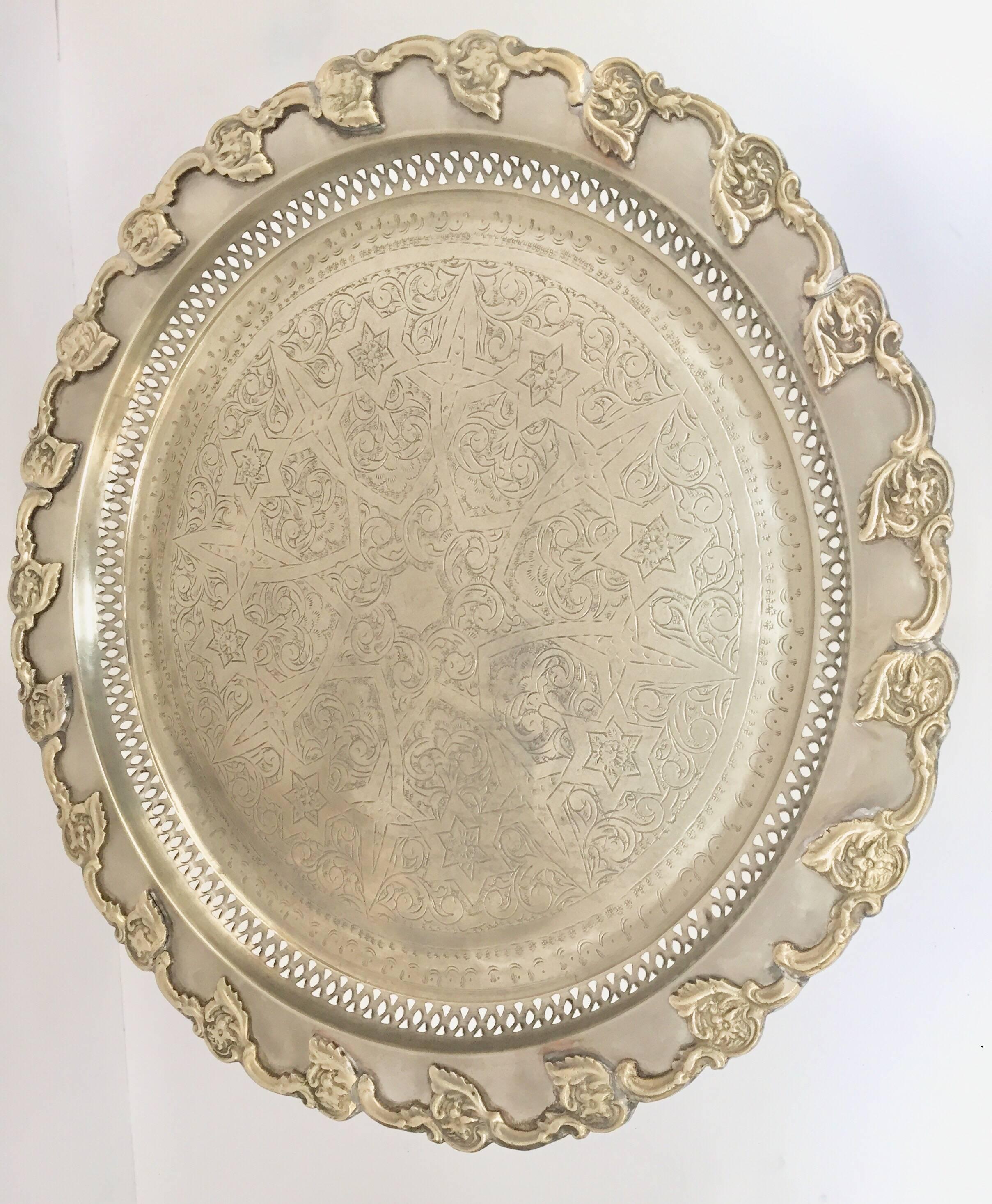 Moorish Moroccan Polished Round Footed Silvered Tray Table For Sale