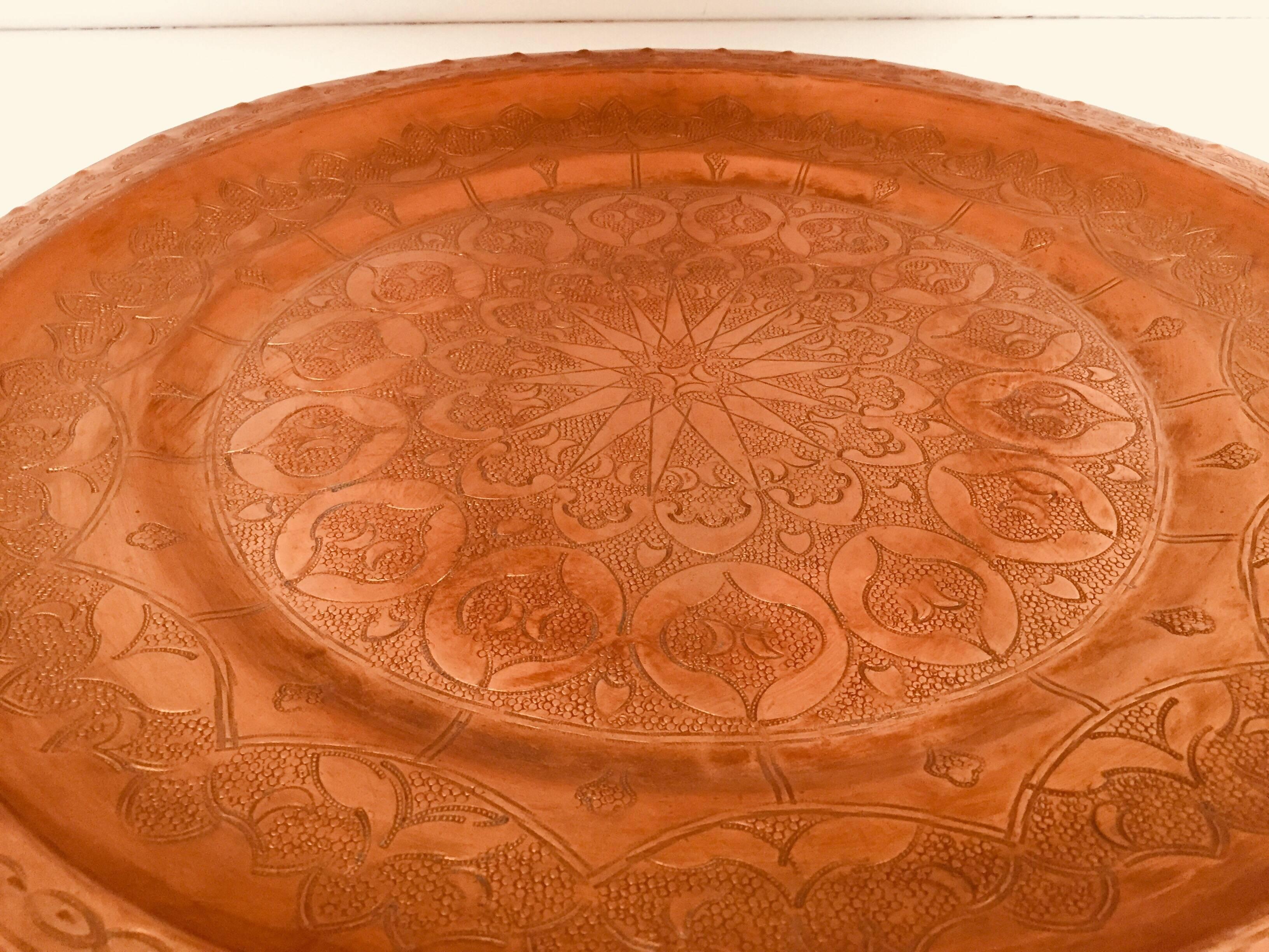 Moorish Moroccan Polished Round Metal Copper Tray