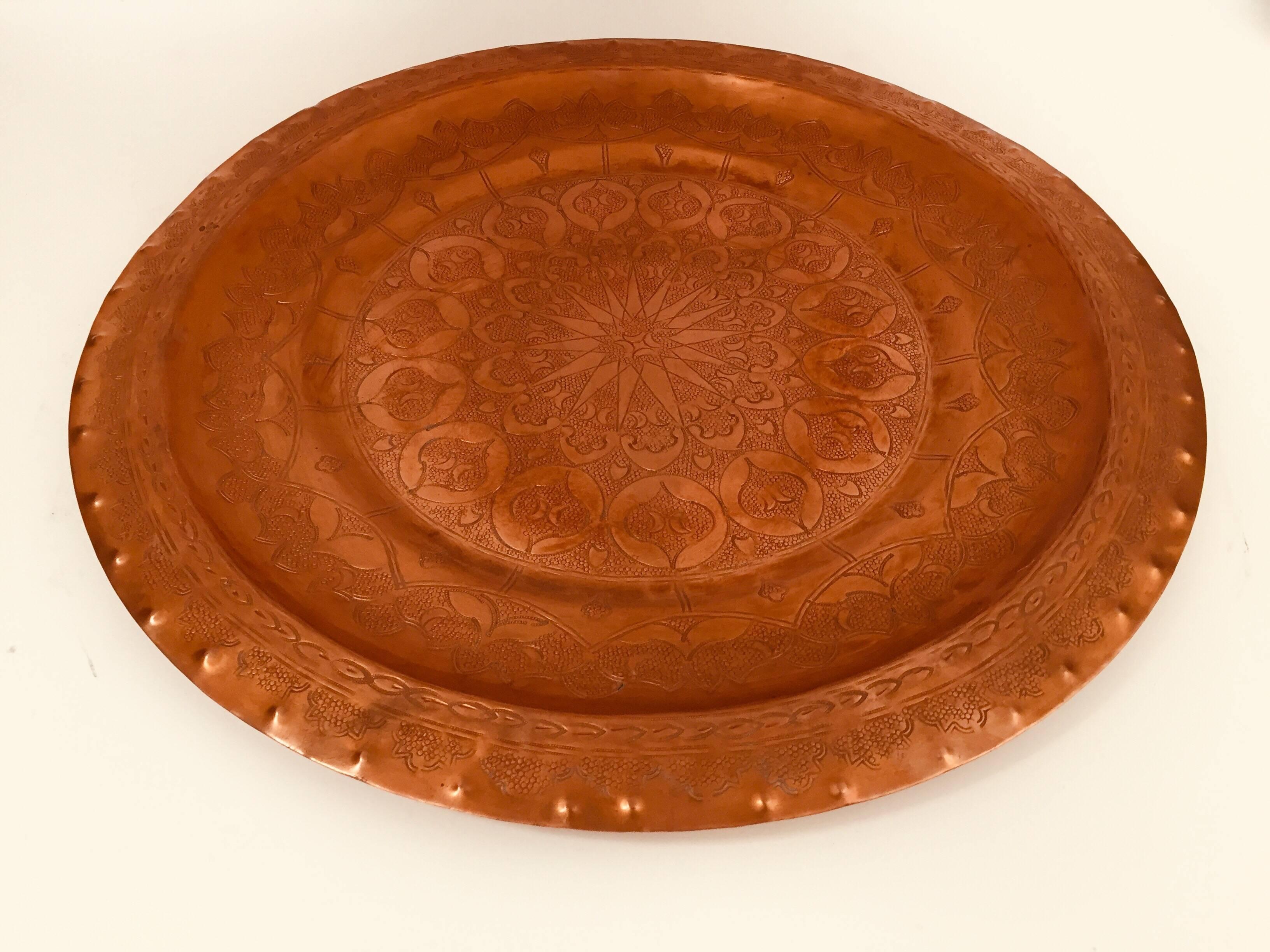 Hammered Moroccan Polished Round Metal Copper Tray