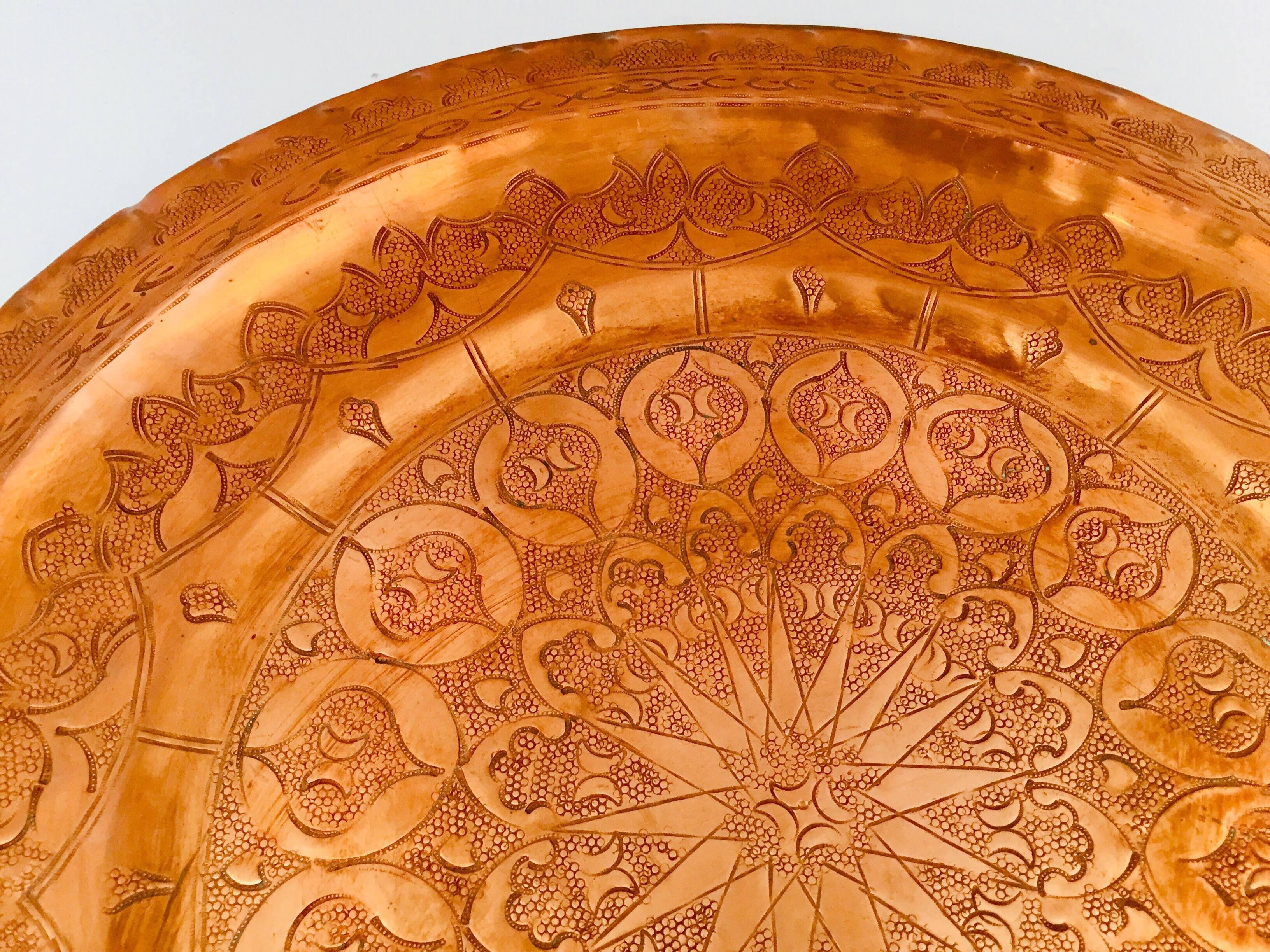 20th Century Moroccan Polished Round Metal Copper Tray