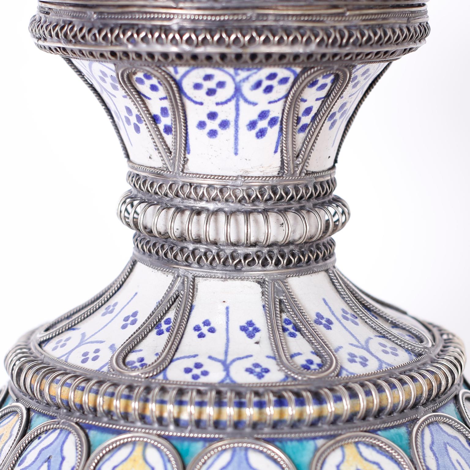 Moorish Moroccan Porcelain and Metal Lidded Jar