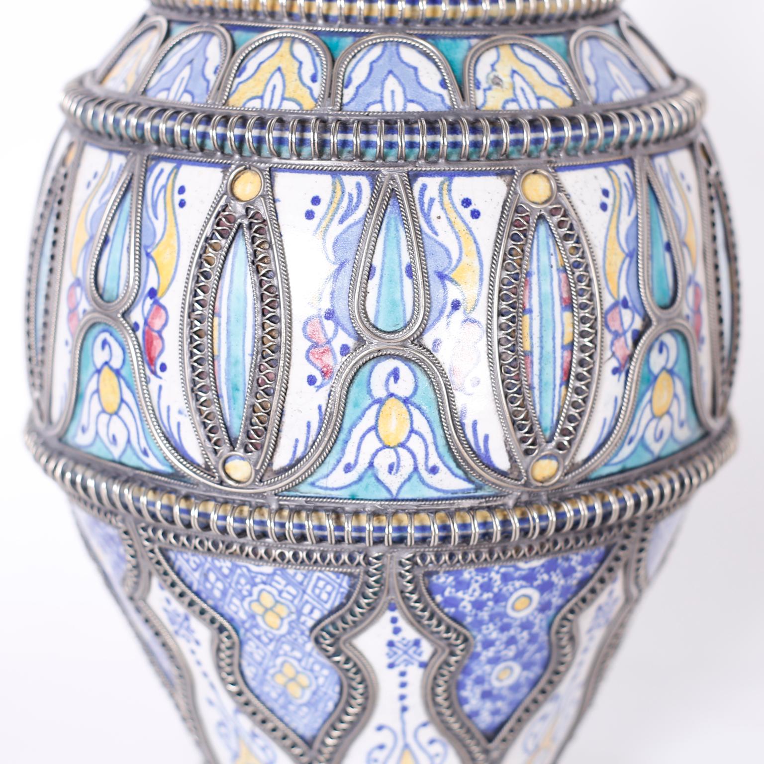 Moroccan Porcelain and Metal Lidded Jar In Good Condition In Palm Beach, FL