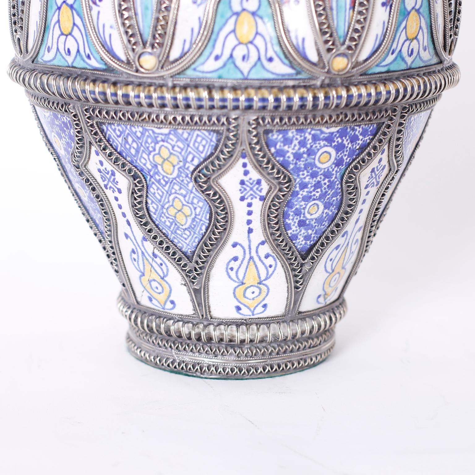 20th Century Moroccan Porcelain and Metal Lidded Jar