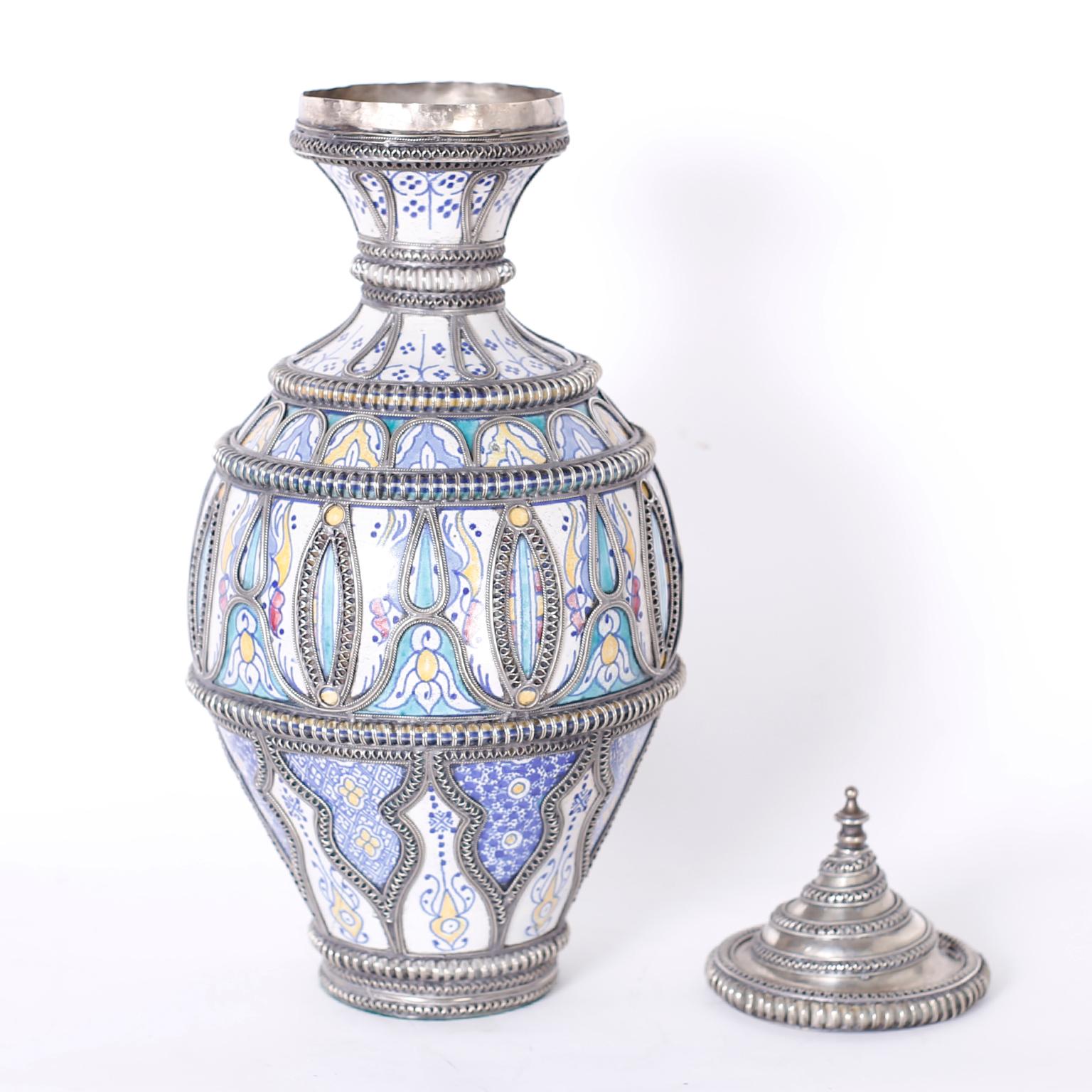 Moroccan Porcelain and Metal Lidded Jar 1