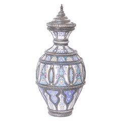 Vintage Moroccan Porcelain and Metal Lidded Jar