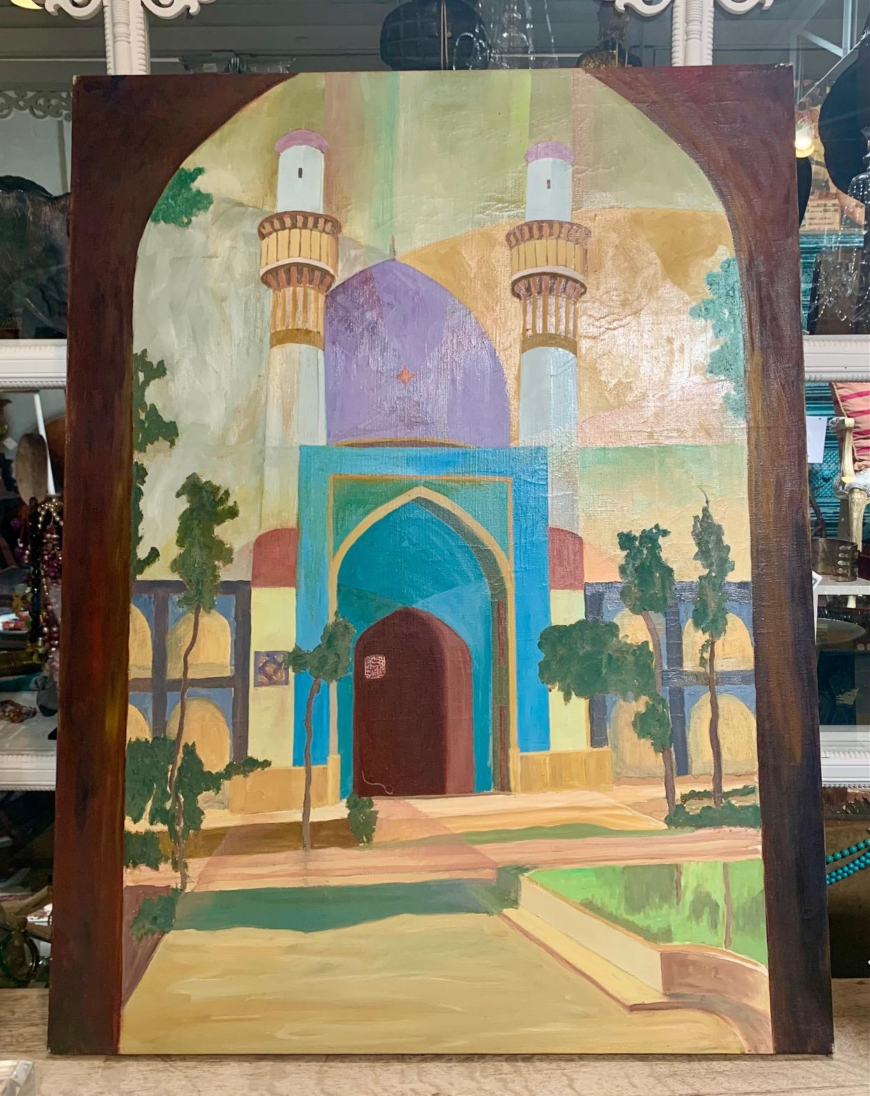 Grand tableau marocain post-moderne aux couleurs vibrantes et aux lignes épurées. Une superbe œuvre d'art pour illuminer n'importe quelle pièce.