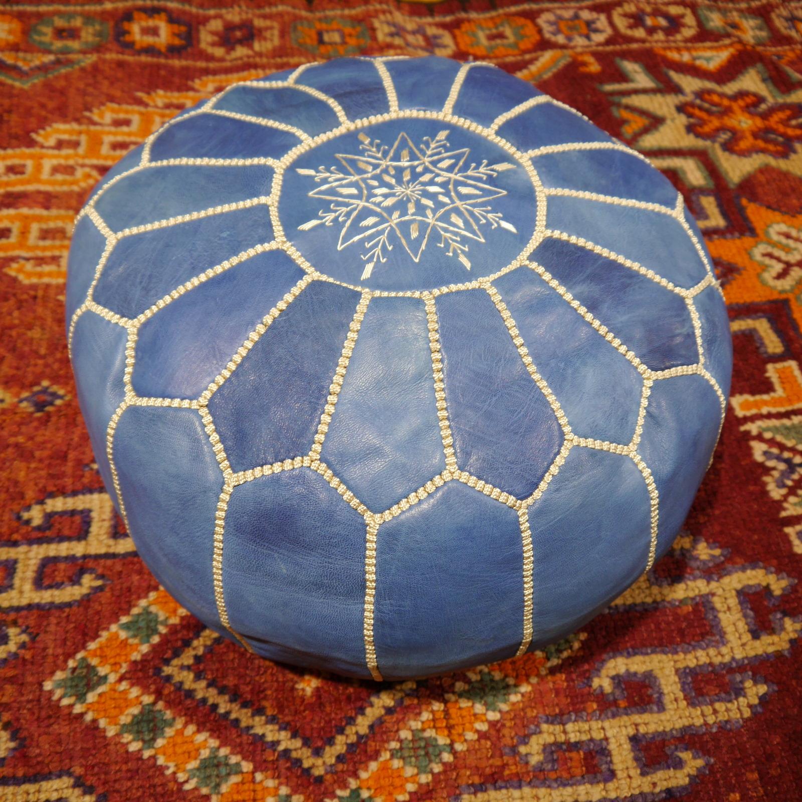 Hand-Crafted Moroccan Pouf Ottoman Handmade Jeans or Navy Blue Leather