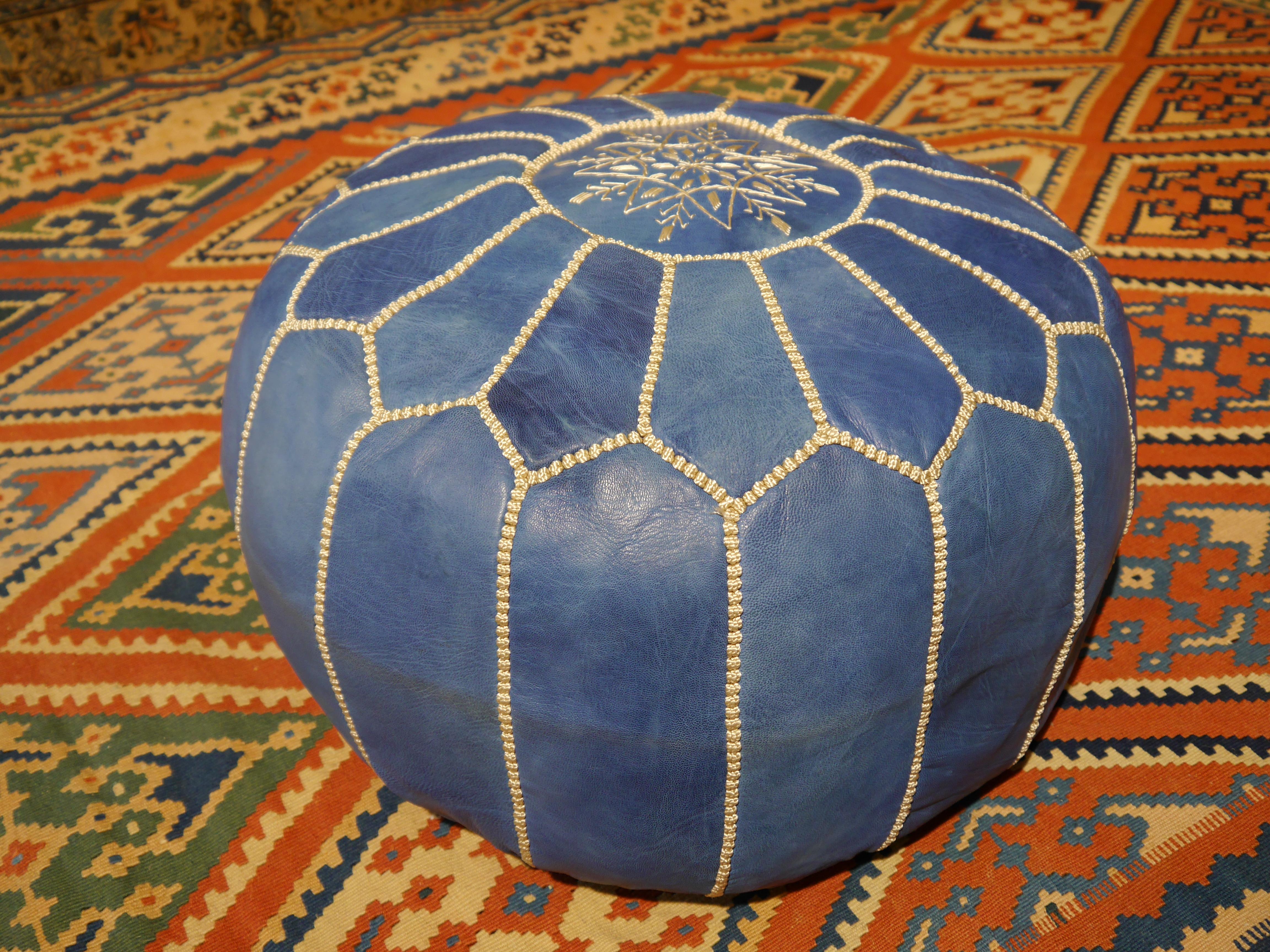 Contemporary Moroccan Pouf Ottoman Handmade Jeans or Navy Blue Leather