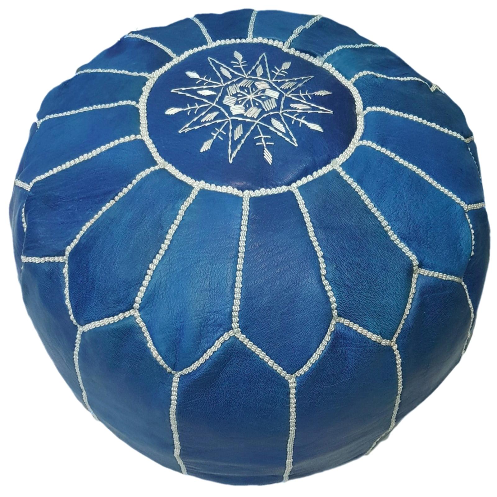 Moroccan Blue Denim pouf ottoman Round embroidery with White Stitching Blue jean 