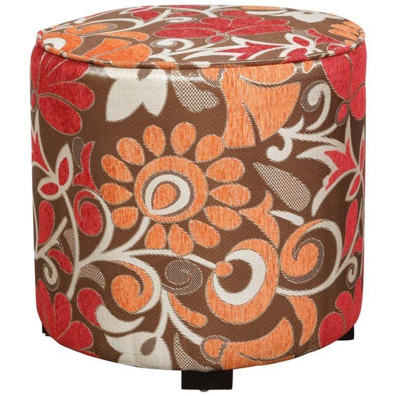 Vintage Moroccan Art Deco Style pouf in bronze, red, orange, white and red psychedelic floral cut velvet and satin fabric upholstery in 1970s style. 
Modern contemporary round Moroccan Boho style upholstered stools in multicolor floral bold fabric