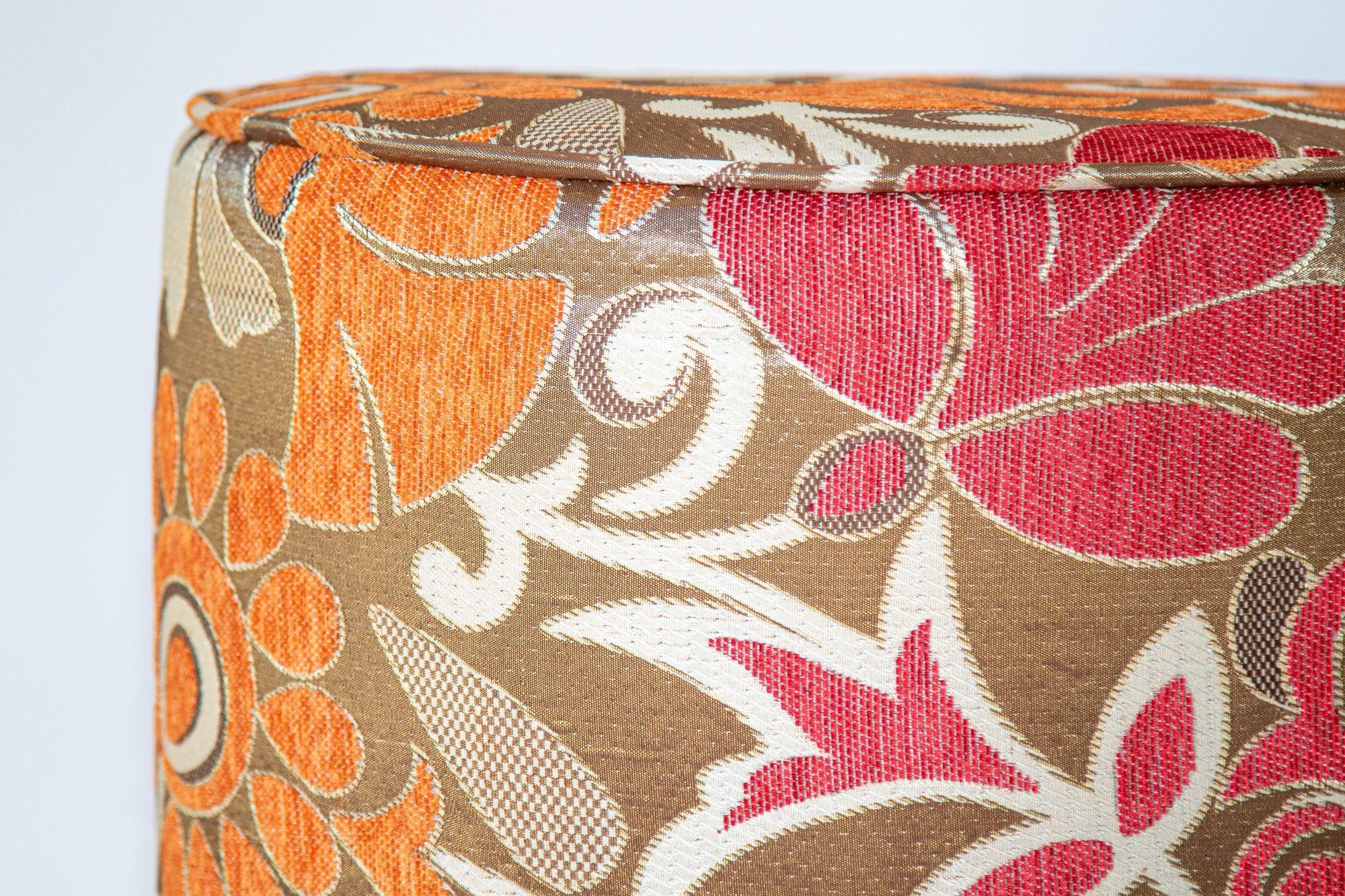 Moroccan Pouf Upholstered Stool in Bold Colorful Floral Fabric For Sale 1