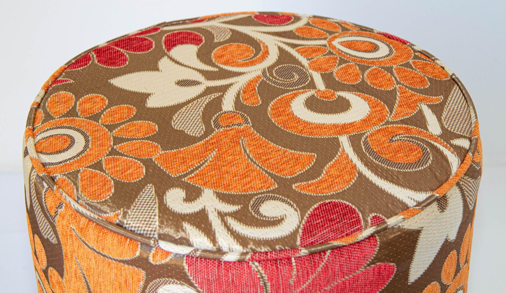 Moroccan Pouf Upholstered Stool in Bold Colorful Floral Fabric For Sale 2