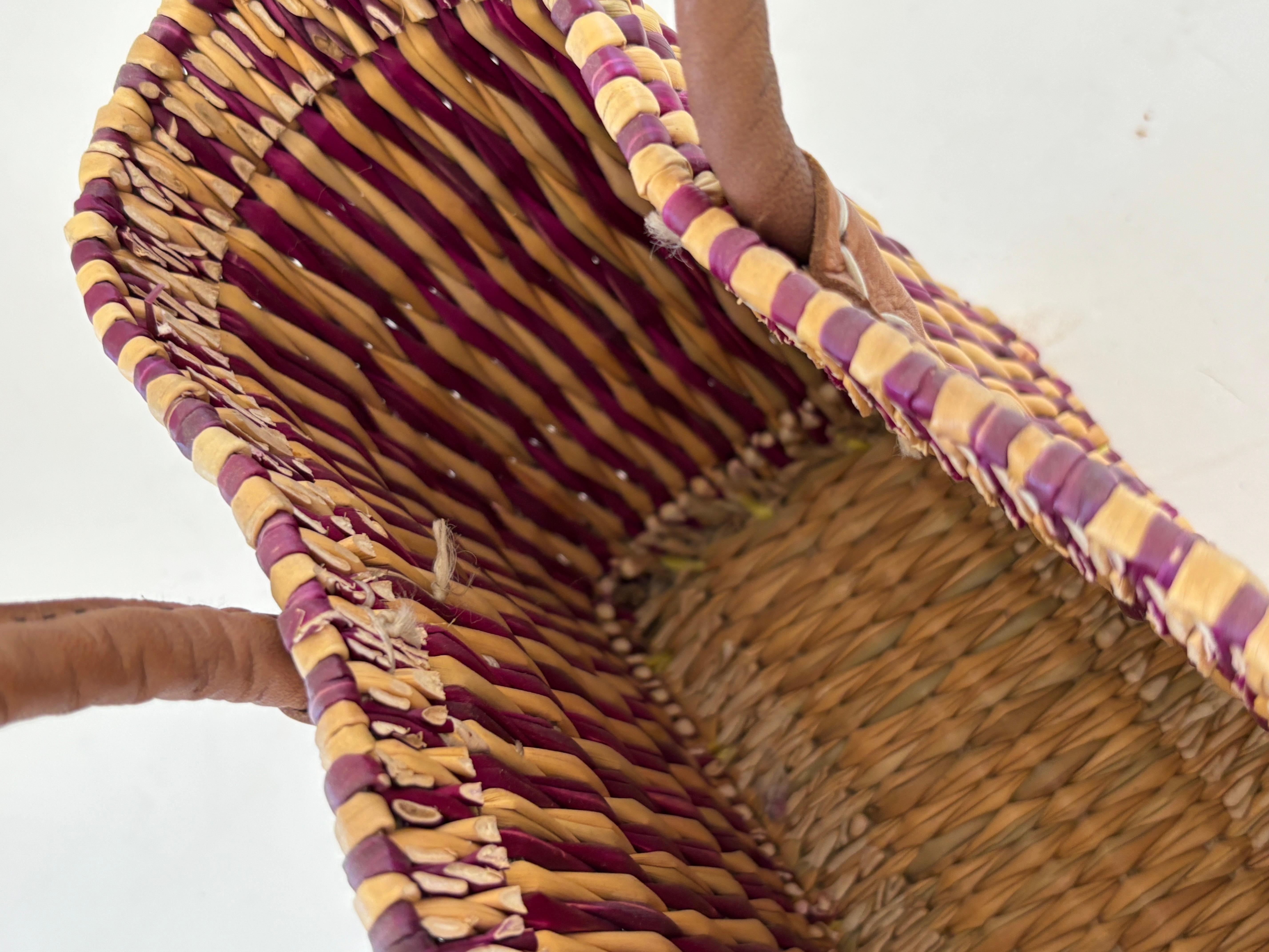Moroccan Raffia Straw Basket Tote Bag with Leather Handles For Sale 6