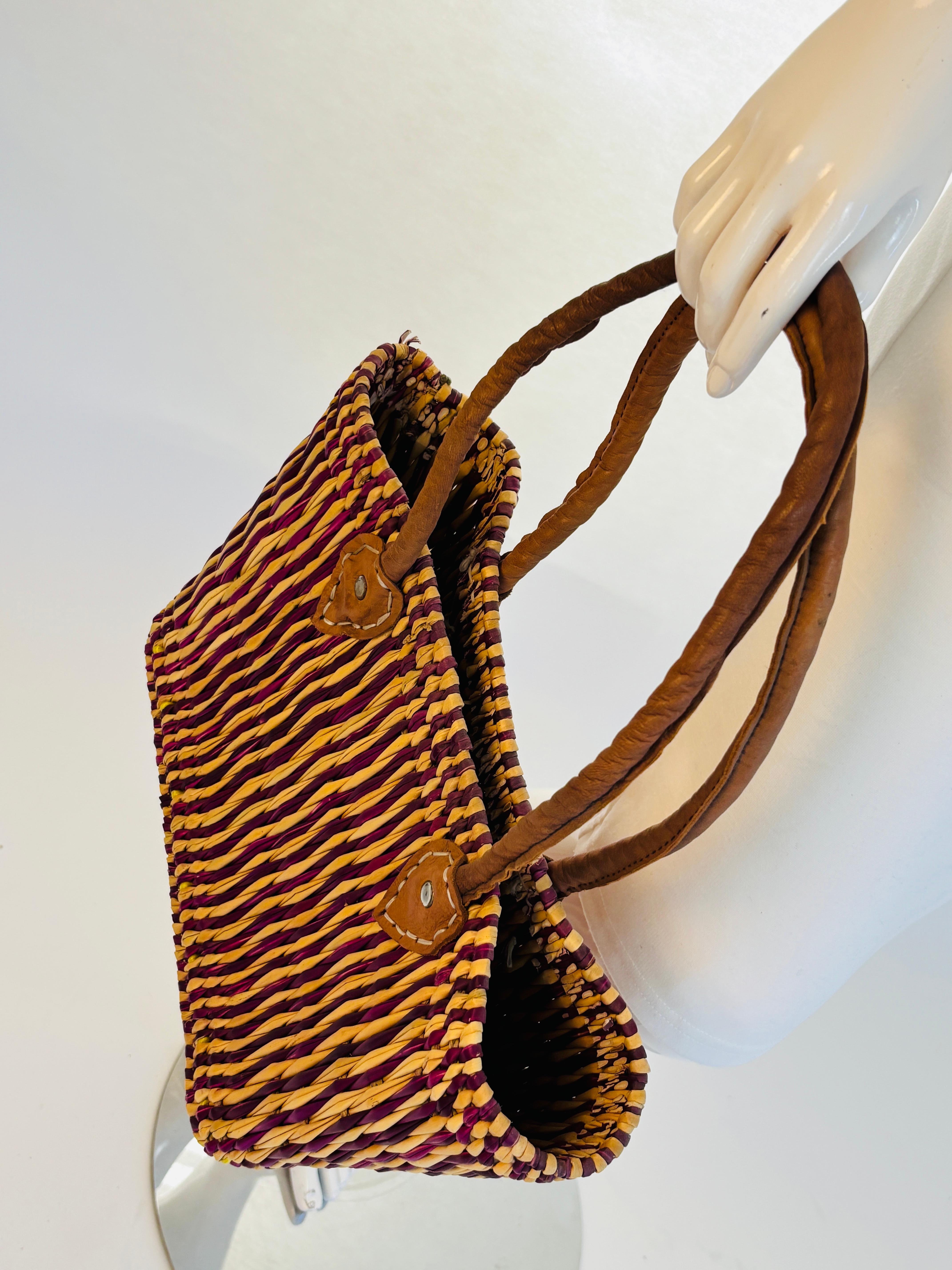 Women's or Men's Moroccan Raffia Straw Basket Tote Bag with Leather Handles For Sale