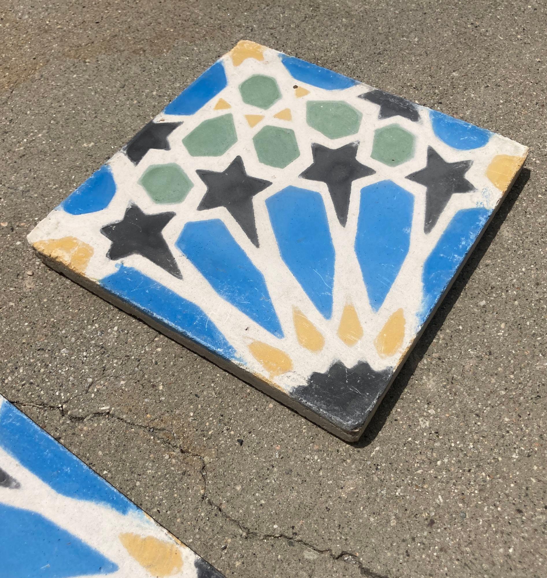 Moroccan Reclaimed Encaustic Cement Tile with Moorish Fez Design In Fair Condition For Sale In North Hollywood, CA