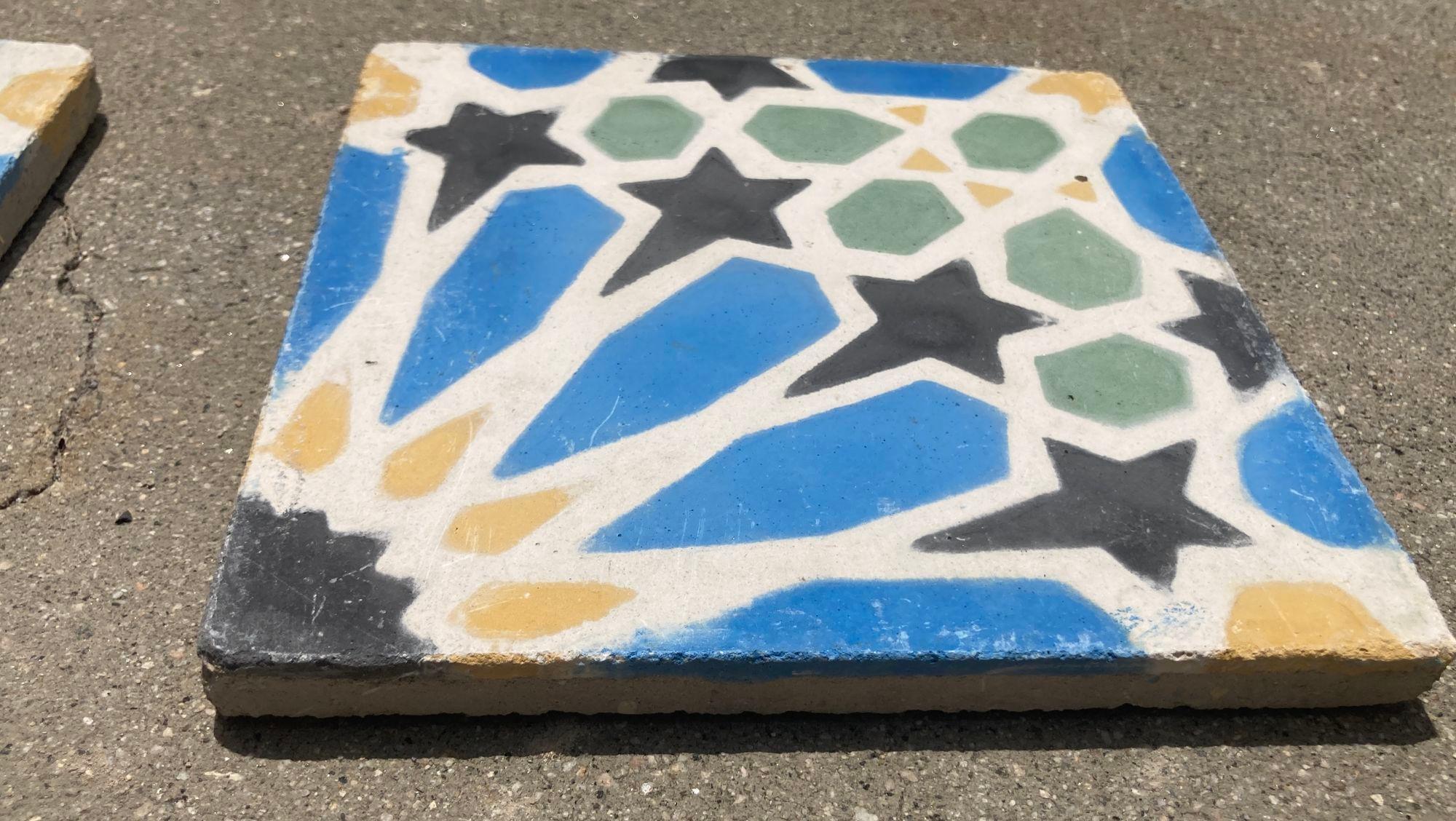 20th Century Moroccan Reclaimed Encaustic Cement Tile with Moorish Fez Design For Sale
