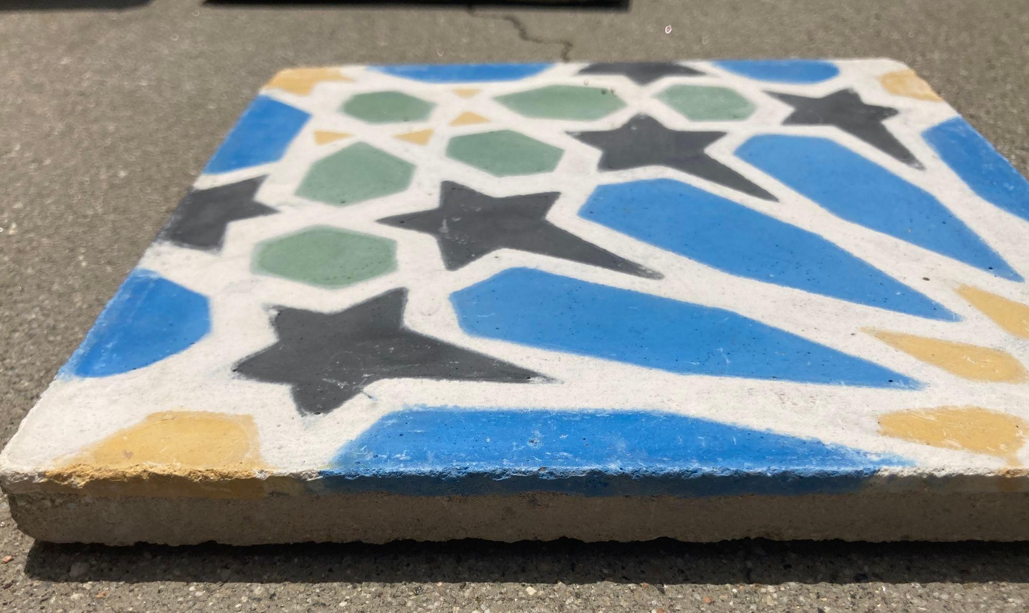 Moroccan Reclaimed Encaustic Cement Tile with Moorish Fez Design For Sale 1