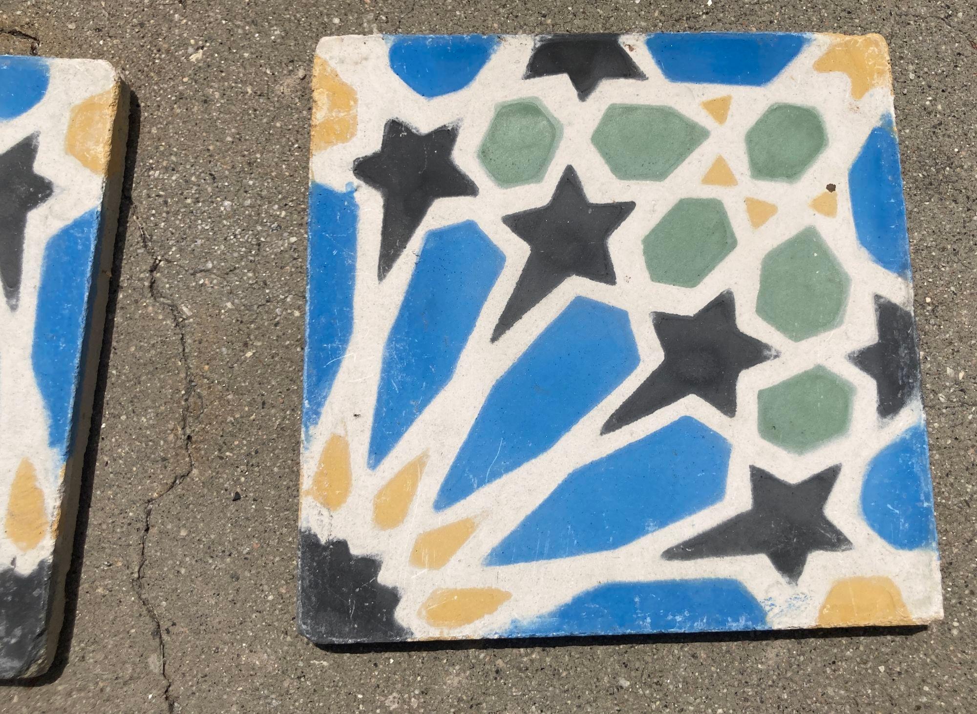 Moroccan Reclaimed Encaustic Cement Tile with Moorish Fez Design For Sale 4