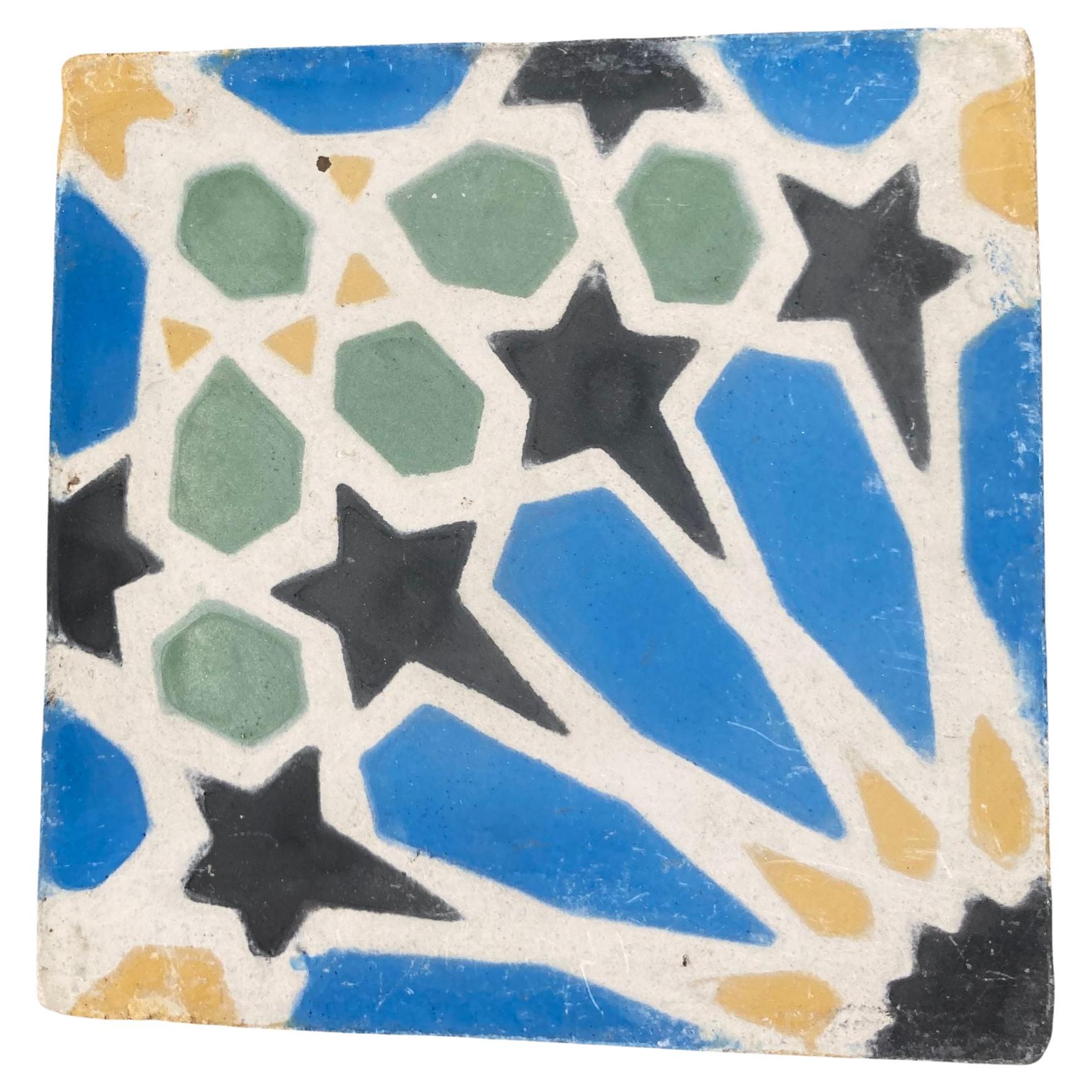 Moroccan Reclaimed Encaustic Cement Tile with Moorish Fez Design