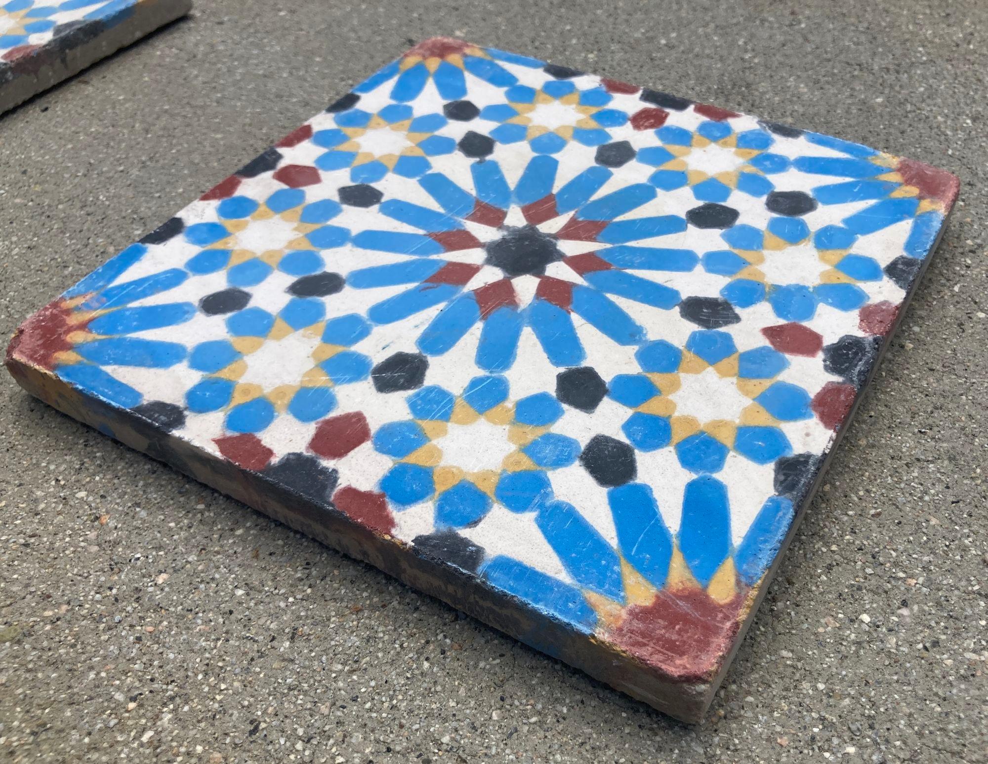 Moroccan Reclaimed Encaustic Cement Tile with Moorish Fez Design Set of 2 For Sale 5