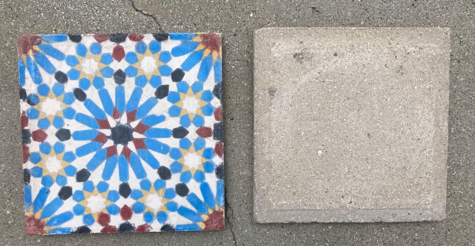 Moroccan Encaustic Cement Tile Border with Moorish Fez Design.
Moroccan handcrafted and hand painted cement tiles with traditional Moorish color.
These are authentic Moroccan reclaimed encaustic tiles handmade by artisans in Fez Morocco.
This is