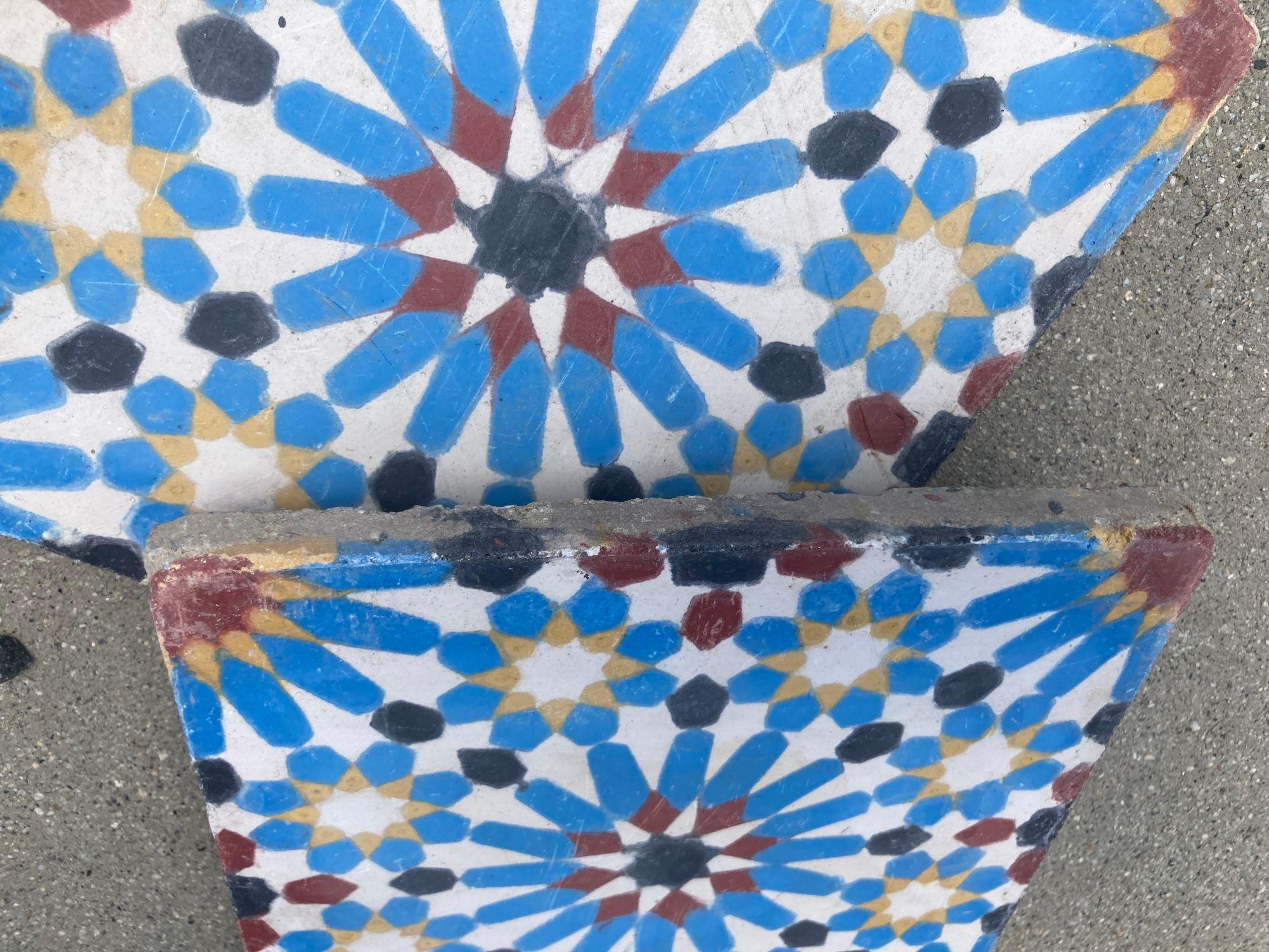 Hand-Crafted Moroccan Reclaimed Encaustic Cement Tile with Moorish Fez Design Set of 2 For Sale