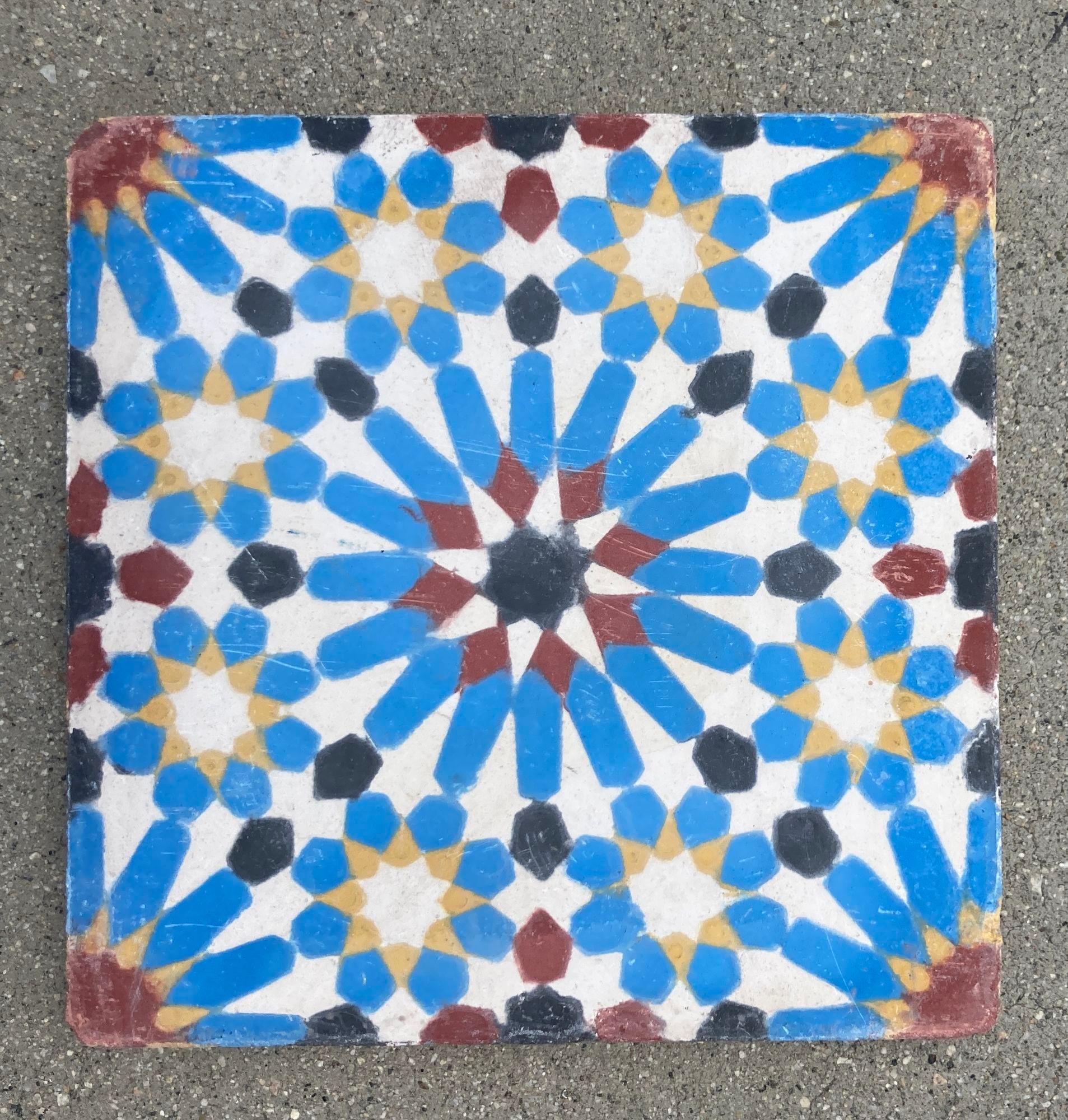 Moroccan Reclaimed Encaustic Cement Tile with Moorish Fez Design Set of 2 In Good Condition For Sale In North Hollywood, CA