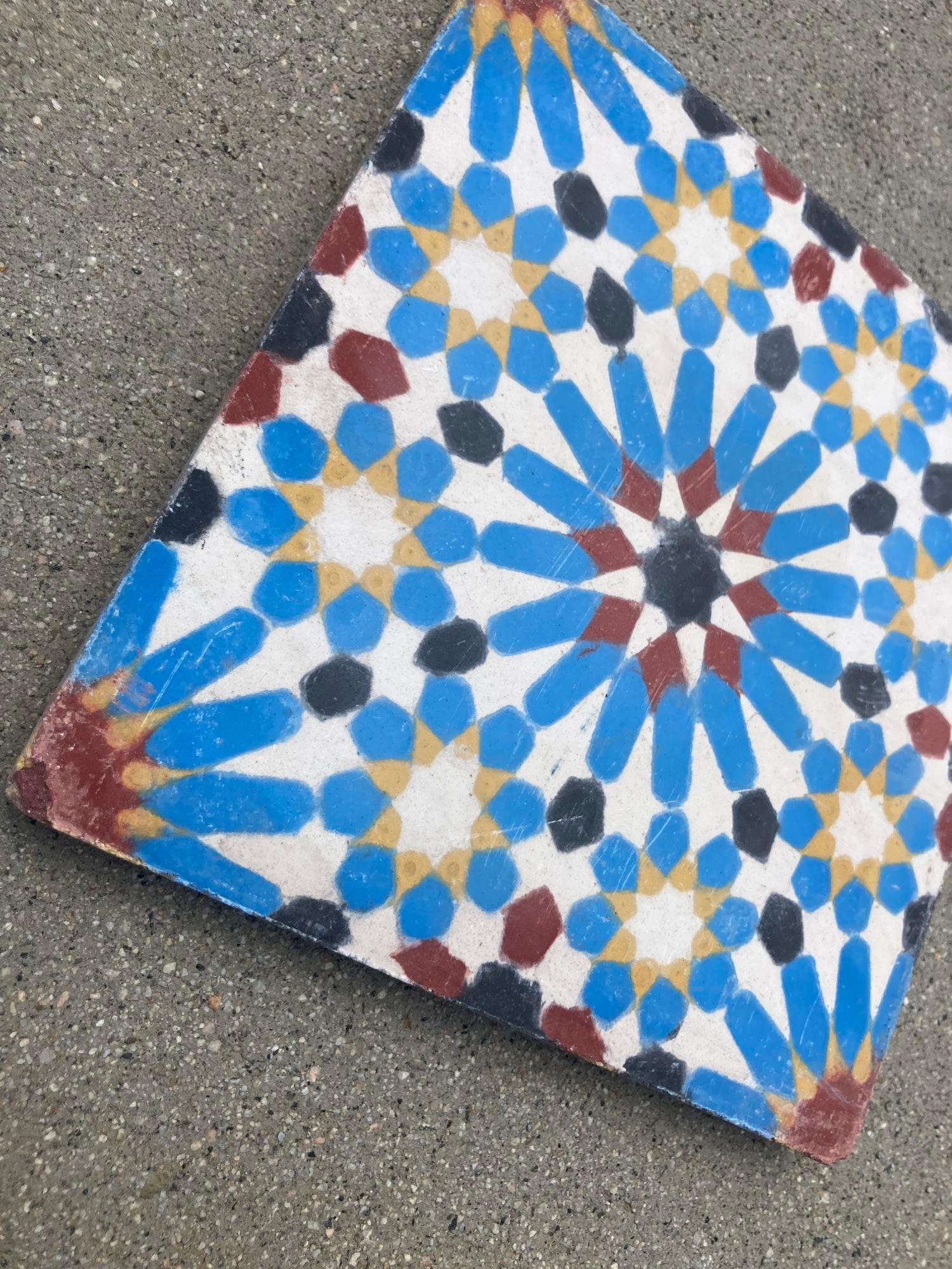 20th Century Moroccan Reclaimed Encaustic Cement Tile with Moorish Fez Design Set of 2 For Sale