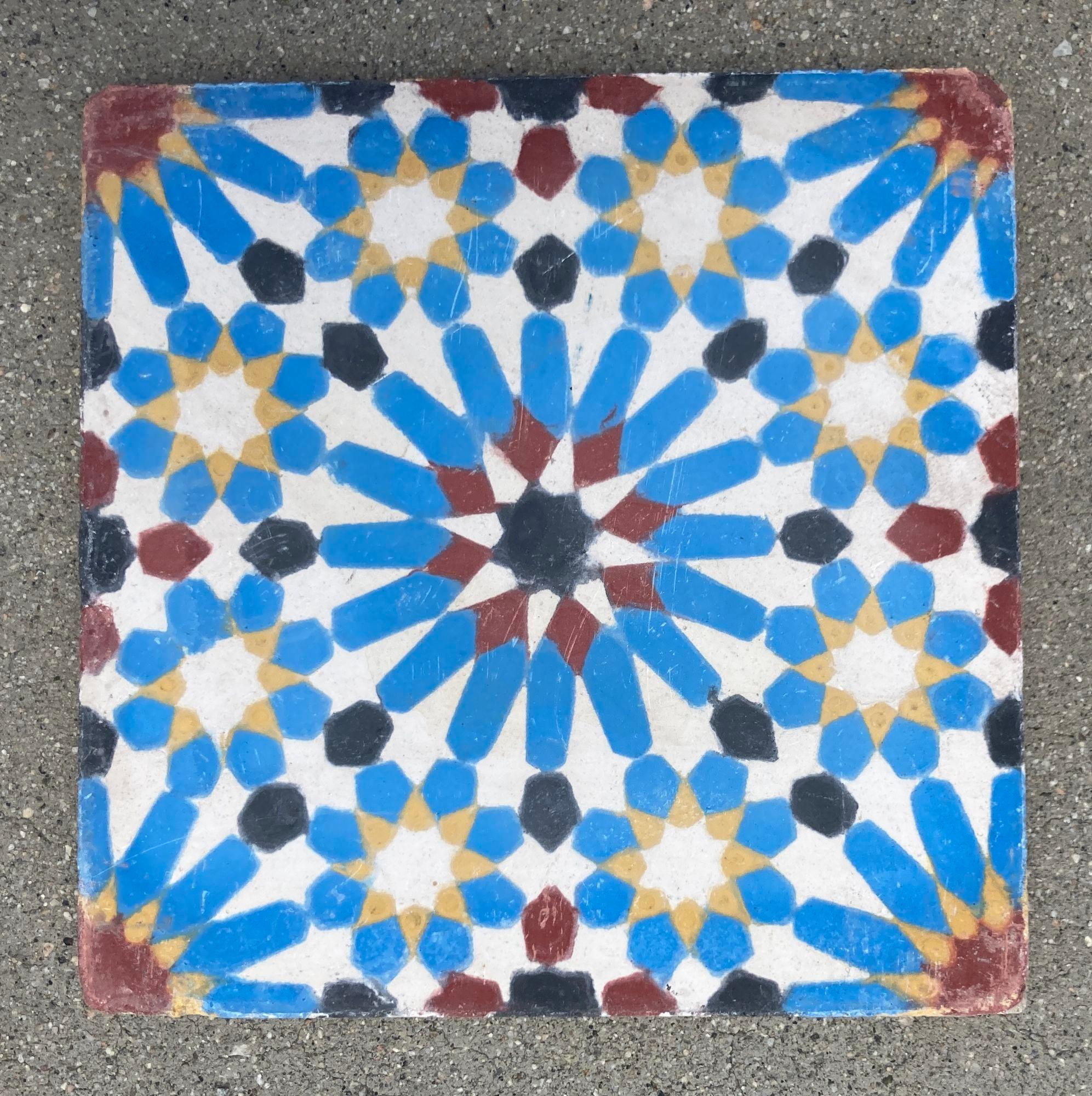 Moroccan Reclaimed Encaustic Cement Tile with Moorish Fez Design Set of 2 For Sale 3