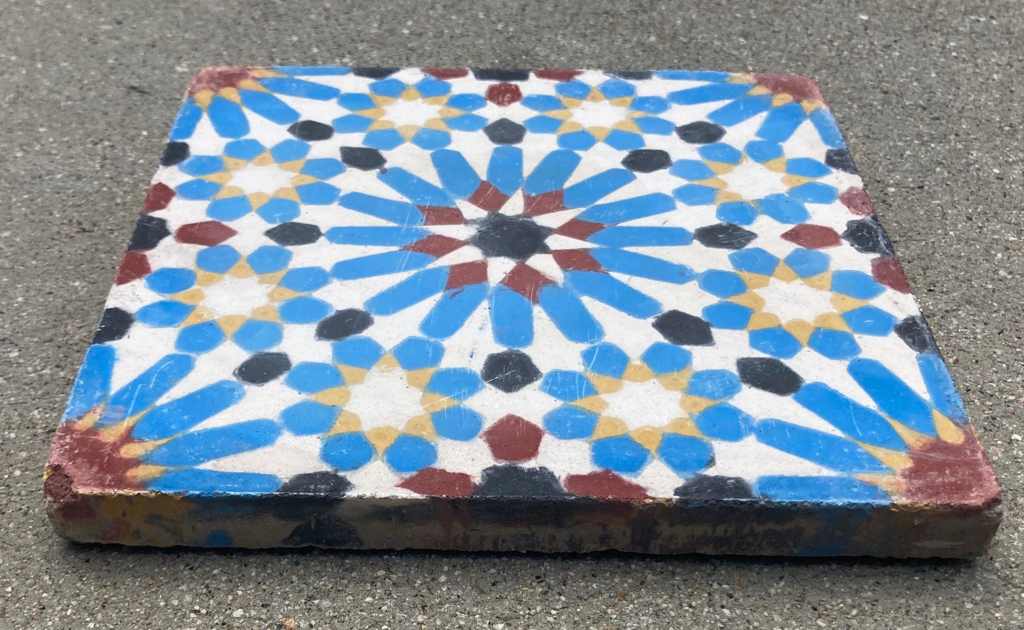 Moroccan Reclaimed Encaustic Cement Tile with Moorish Fez Design Set of 2 For Sale 4