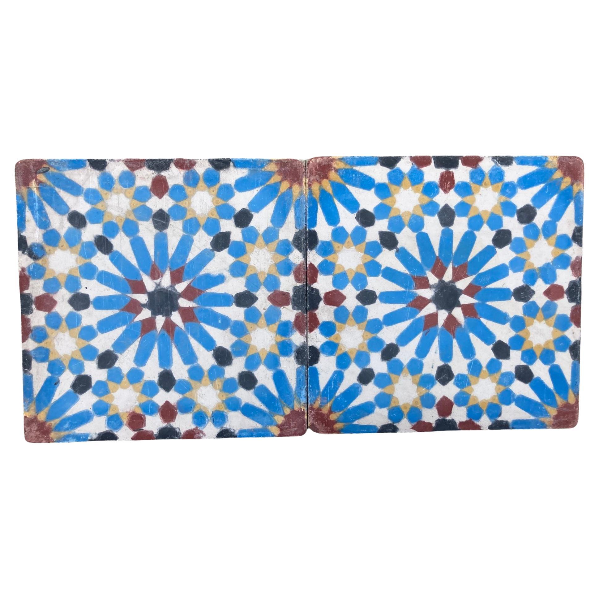 Moroccan Reclaimed Encaustic Cement Tile with Moorish Fez Design Set of 2