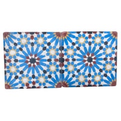 Retro Moroccan Reclaimed Encaustic Cement Tile with Moorish Fez Design Set of 2