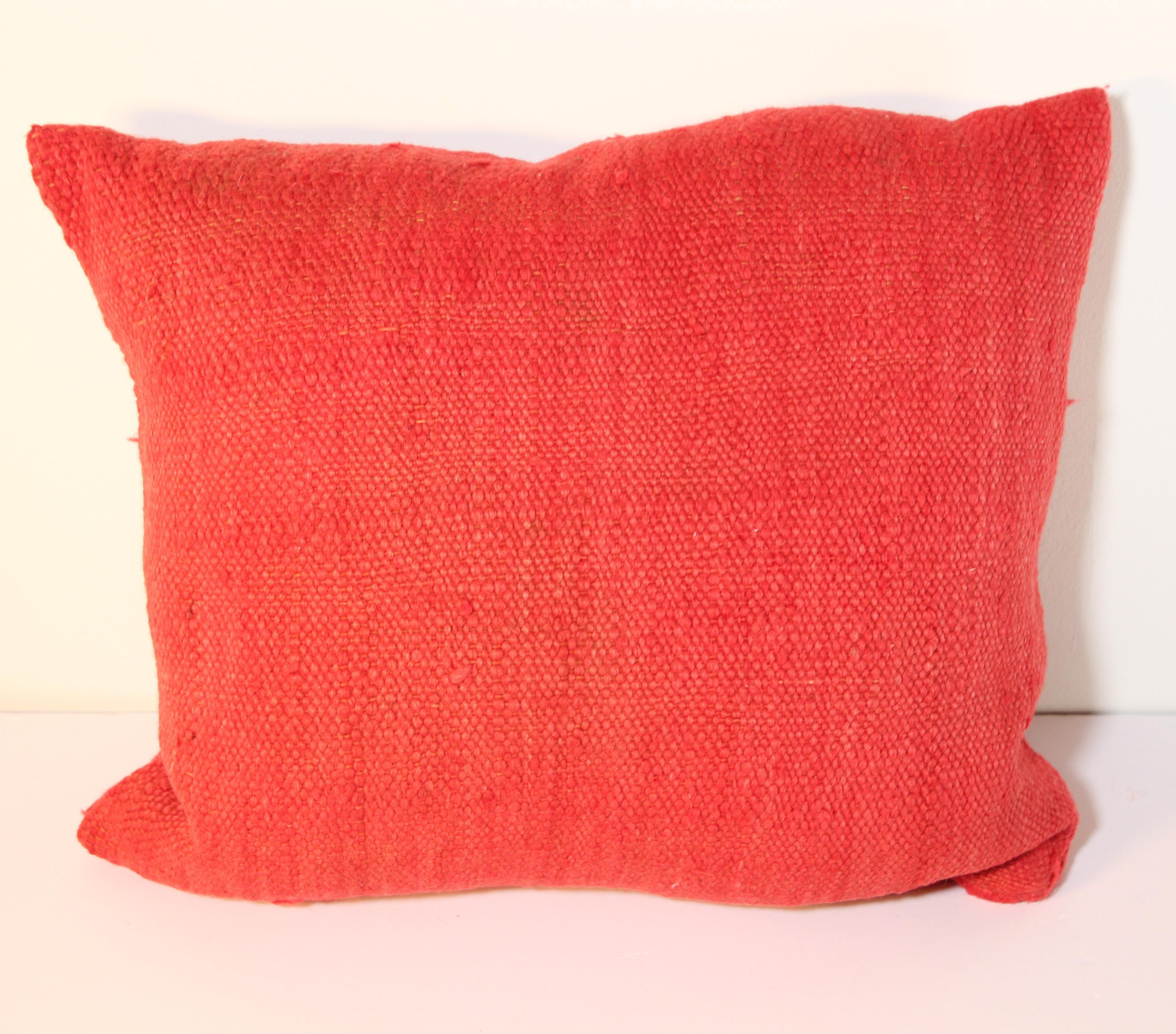 20th Century Moroccan Red Berber Pillow Cut from a Vintage Tribal Stripes Rug