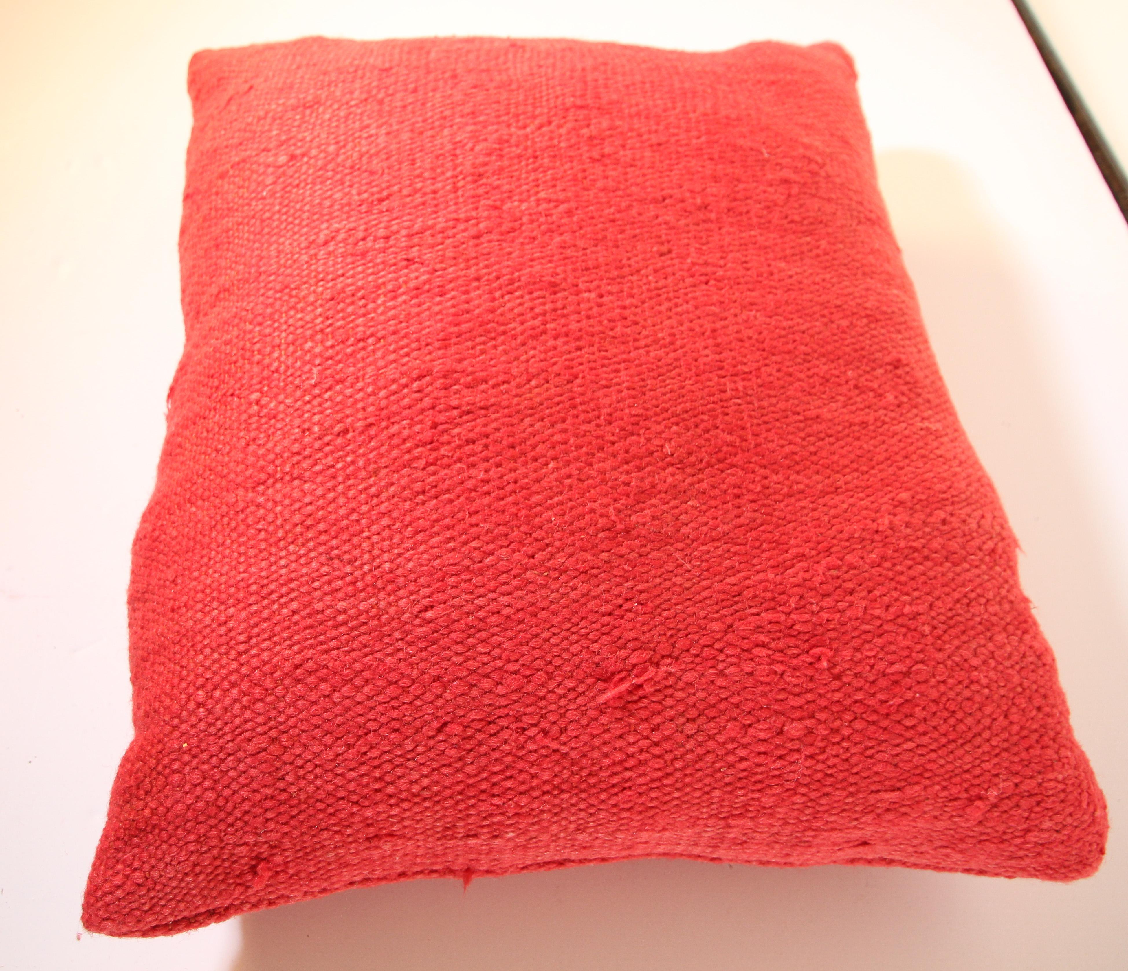 Wool Moroccan Red Berber Pillow Cut from a Vintage Tribal Stripes Rug