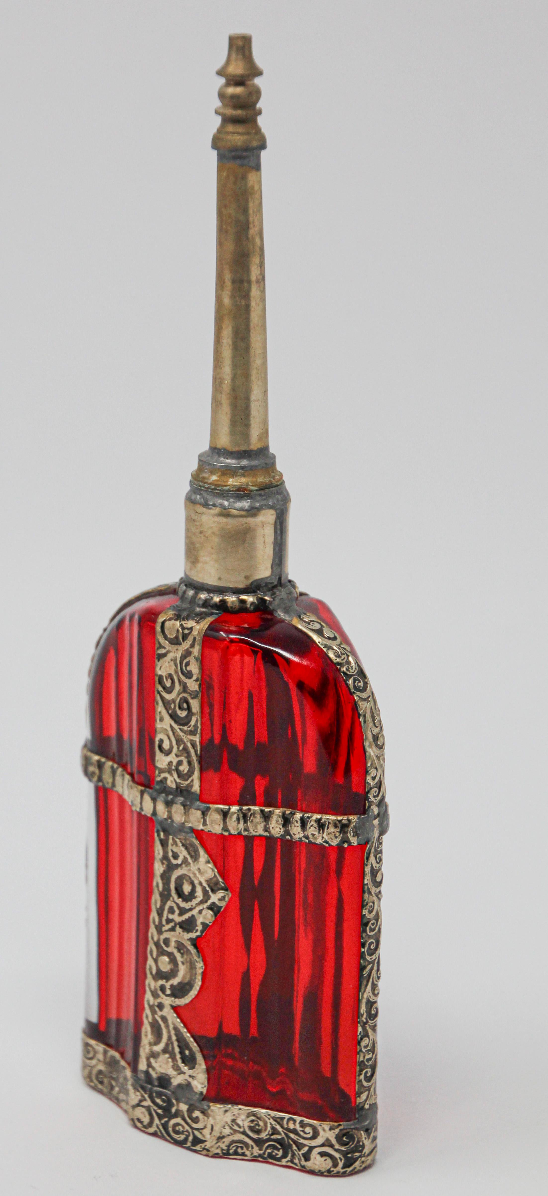 Moorish Moroccan Red Glass Perfume Bottle Sprinkler with Embossed Metal Overlay For Sale