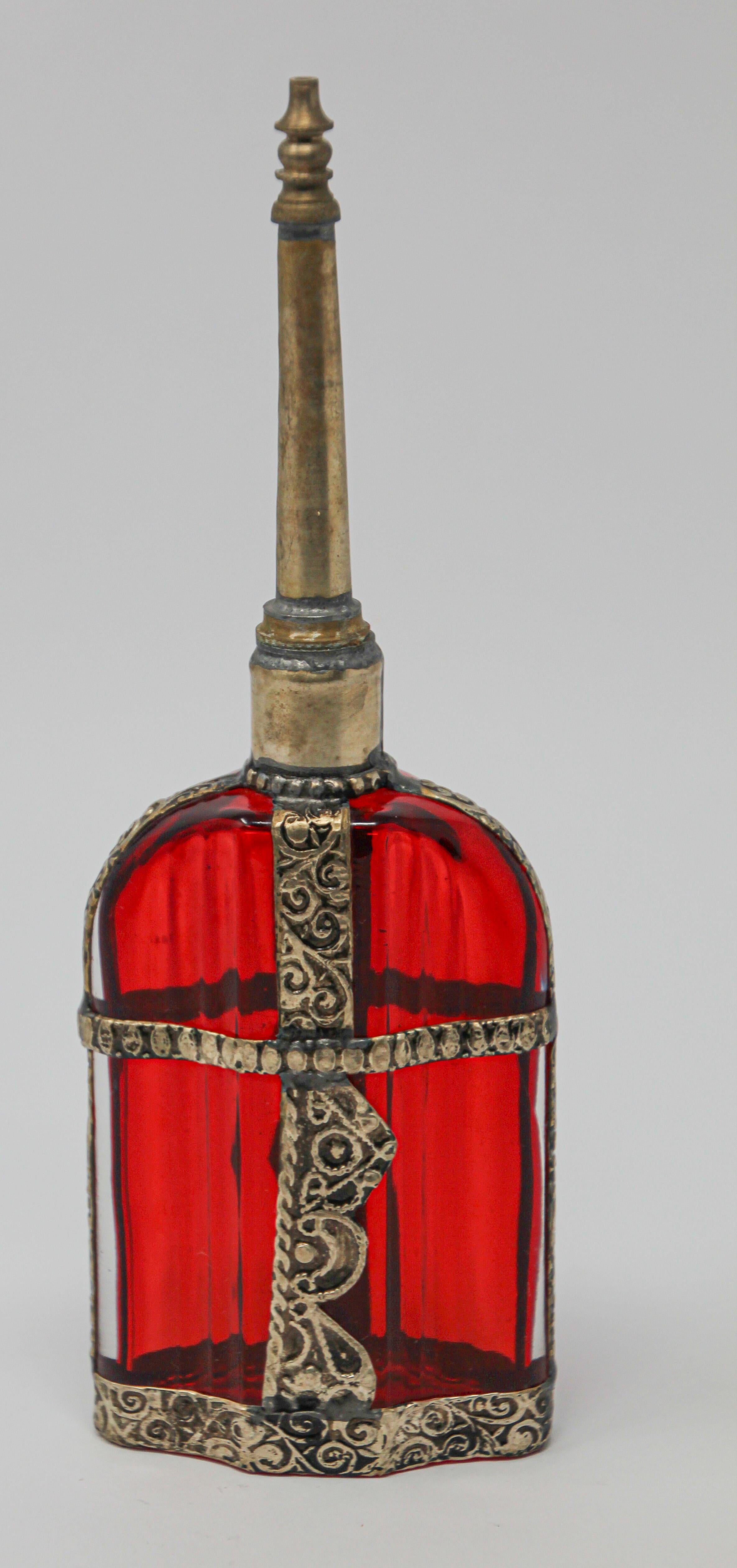 Hand-Crafted Moroccan Red Glass Perfume Bottle Sprinkler with Embossed Metal Overlay For Sale