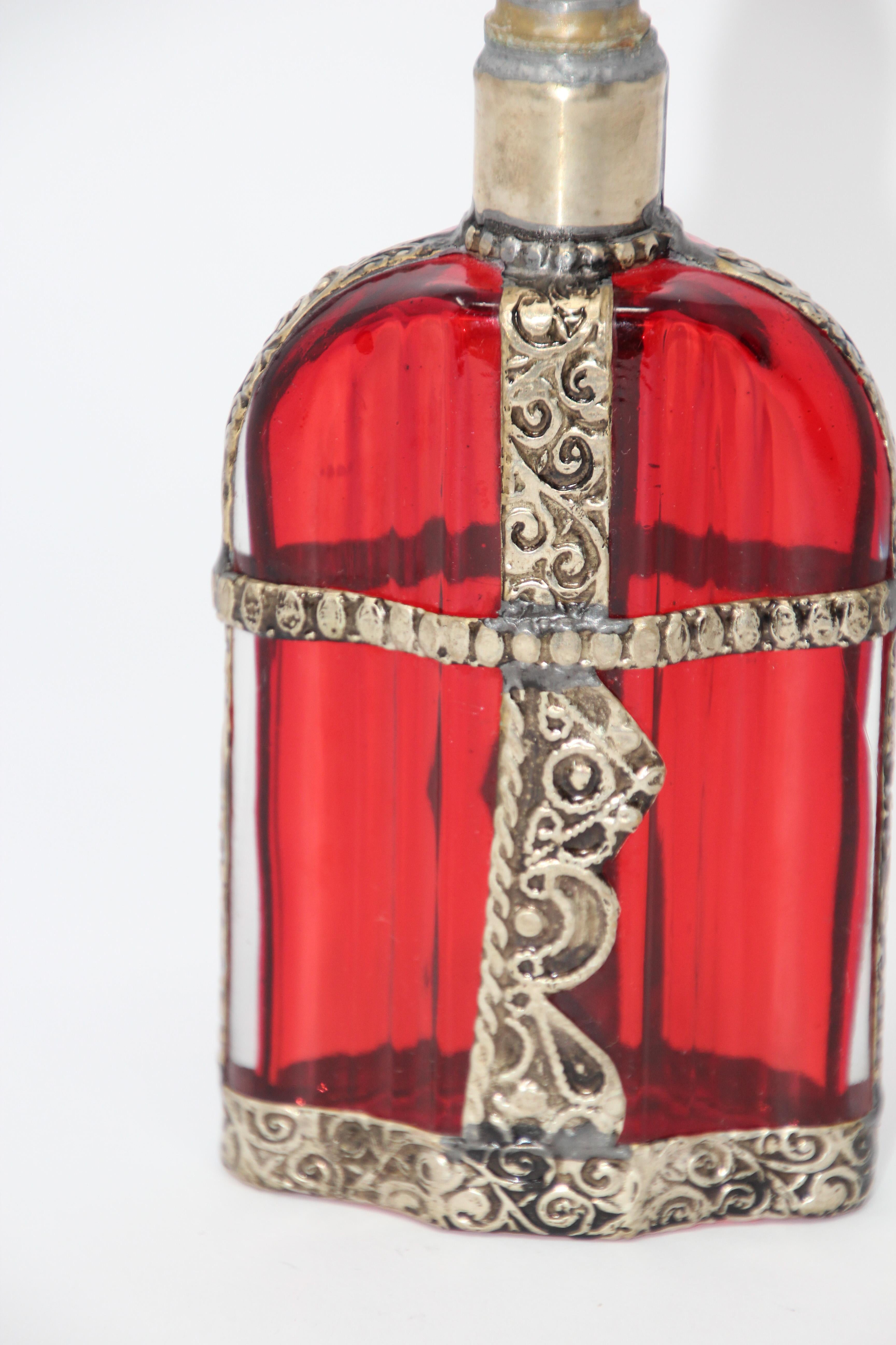 Moroccan Red Glass Perfume Bottle Sprinkler with Embossed Metal Overlay In Good Condition For Sale In North Hollywood, CA