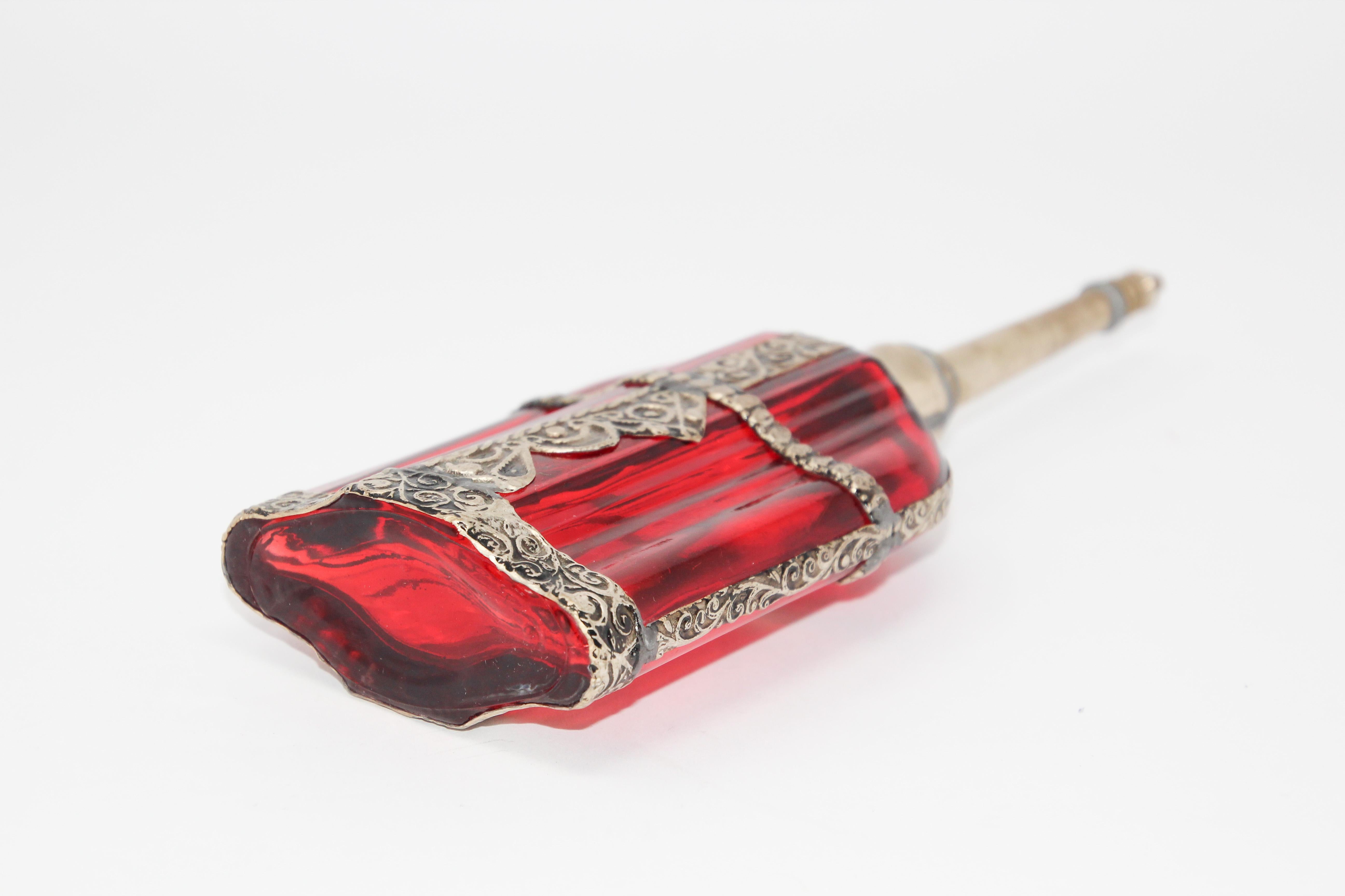 20th Century Moroccan Red Glass Perfume Bottle Sprinkler with Embossed Metal Overlay For Sale