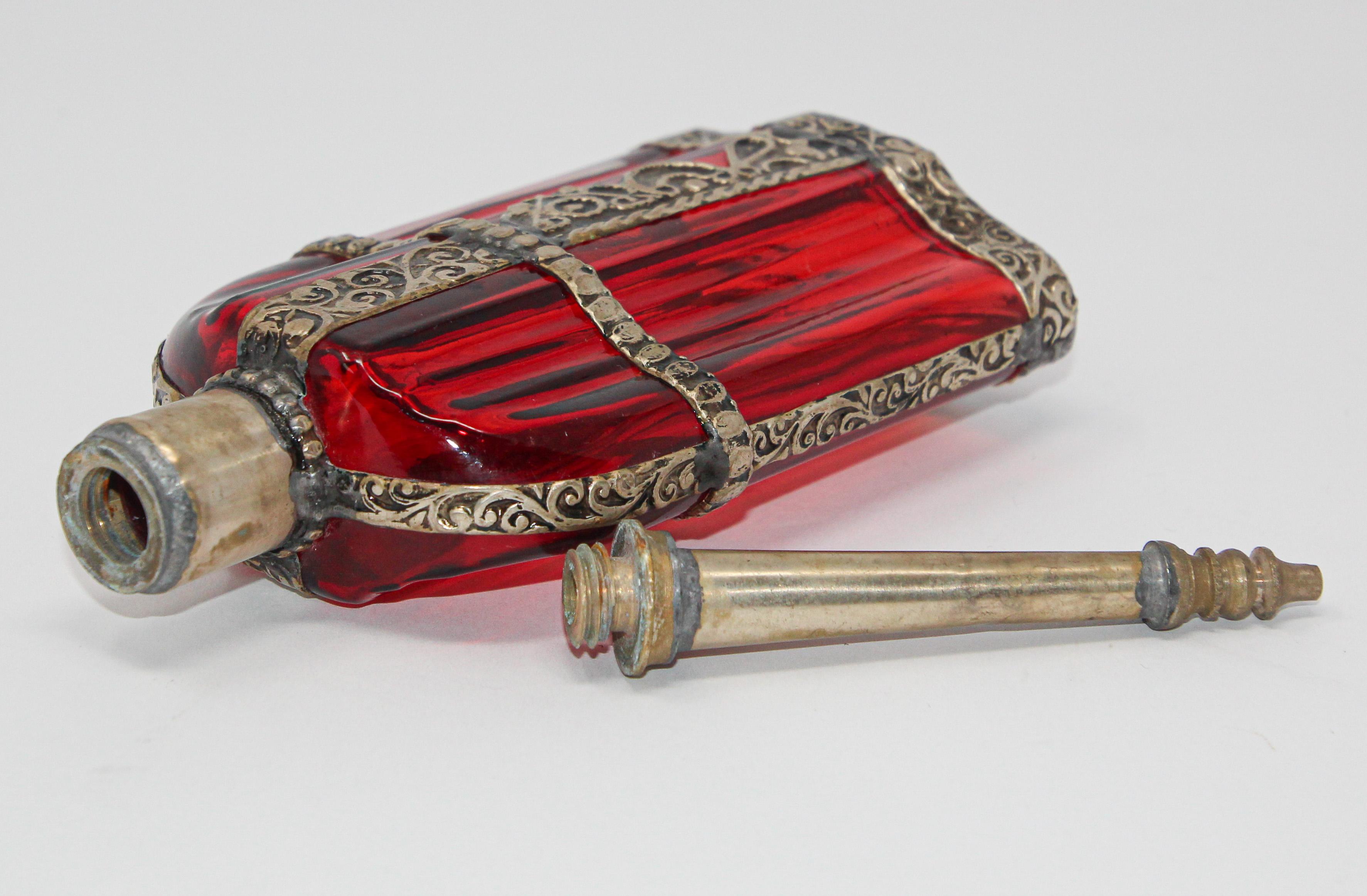 Moroccan Red Glass Perfume Bottle Sprinkler with Embossed Metal Overlay For Sale 1