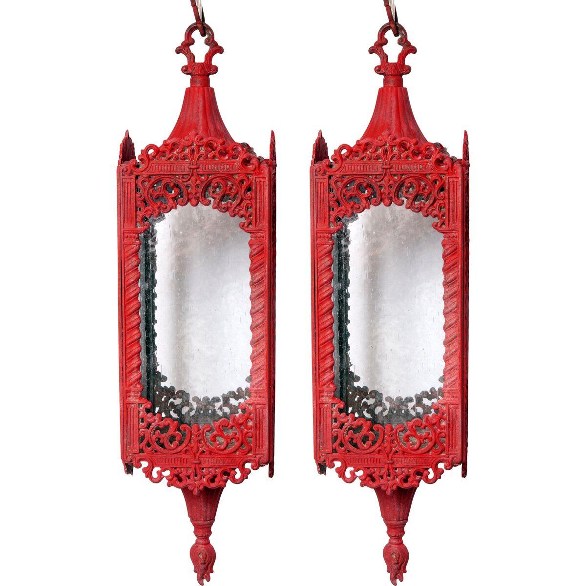 Moroccan Red Lanterns with Seeded Glass Panels In Good Condition For Sale In Malibu, CA