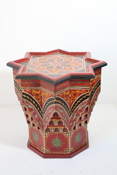 Moroccan Side Table Hand Painted with Red Moorish Design