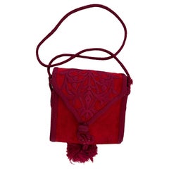 Moroccan Red Velvet Embroidered Shoulder  Boho Bag 1960s