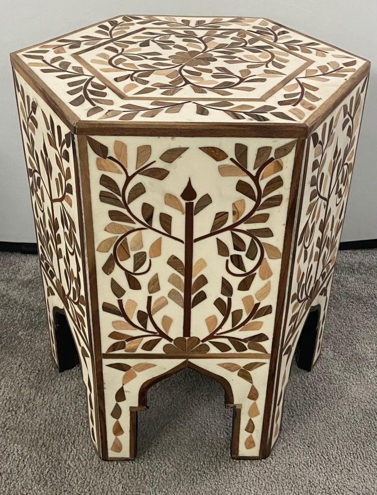 Bohemian Moroccan Resin and Walnut Hexagonal Side, End Table with Leaf Design, a Pair