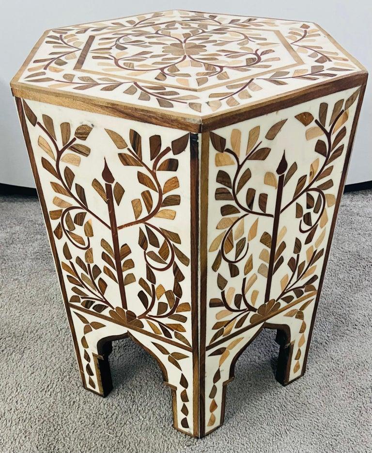 Moroccan Resin and Walnut Hexagonal Side, End Table with Leaf Design, a Pair In Good Condition In Plainview, NY