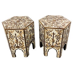 Moroccan Resin and Walnut Hexagonal Side, End Table with Leaf Design, a Pair