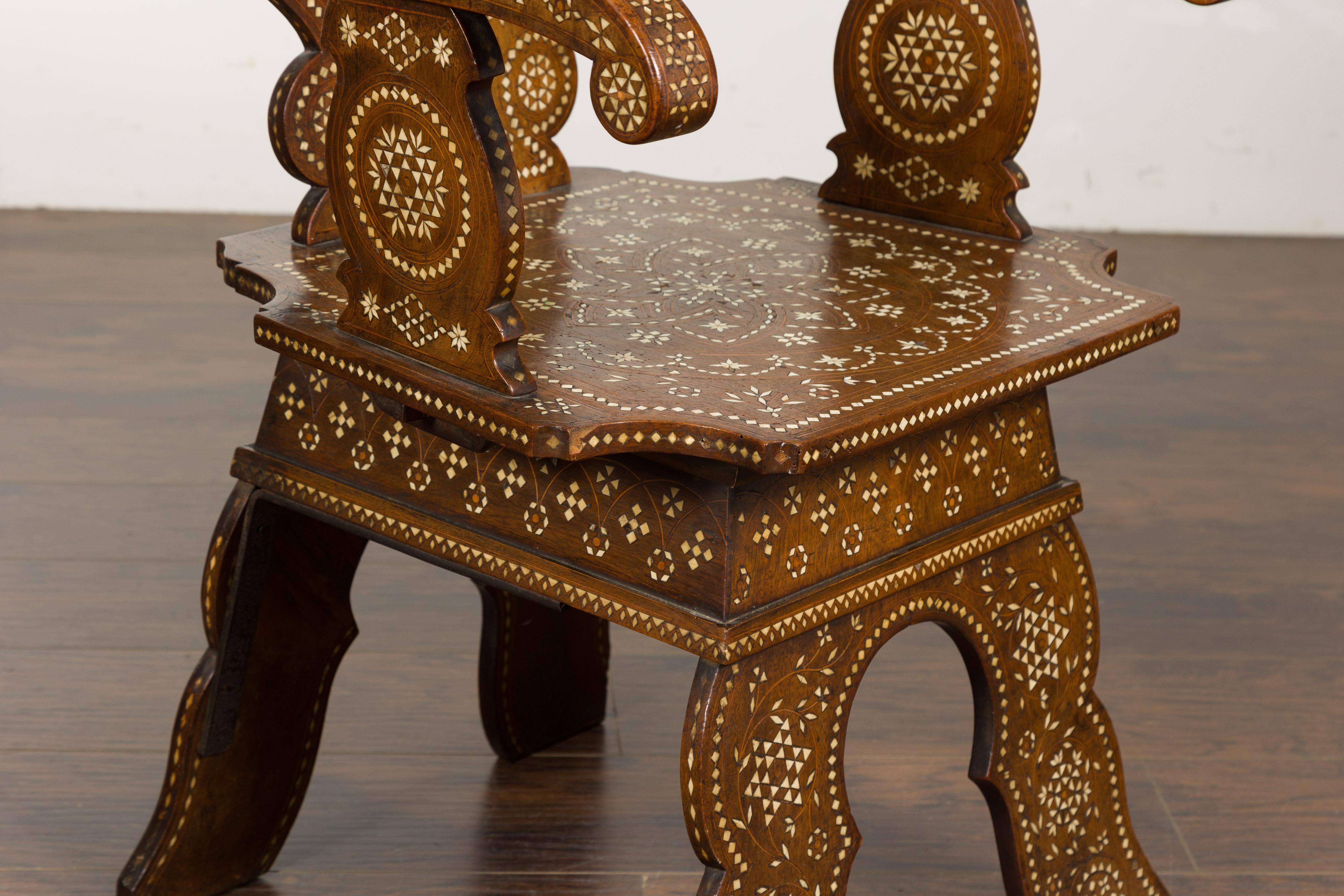 Moroccan Richly Inlaid Armchair with Carved Back and Scrolling Arms, circa 1900 For Sale 3