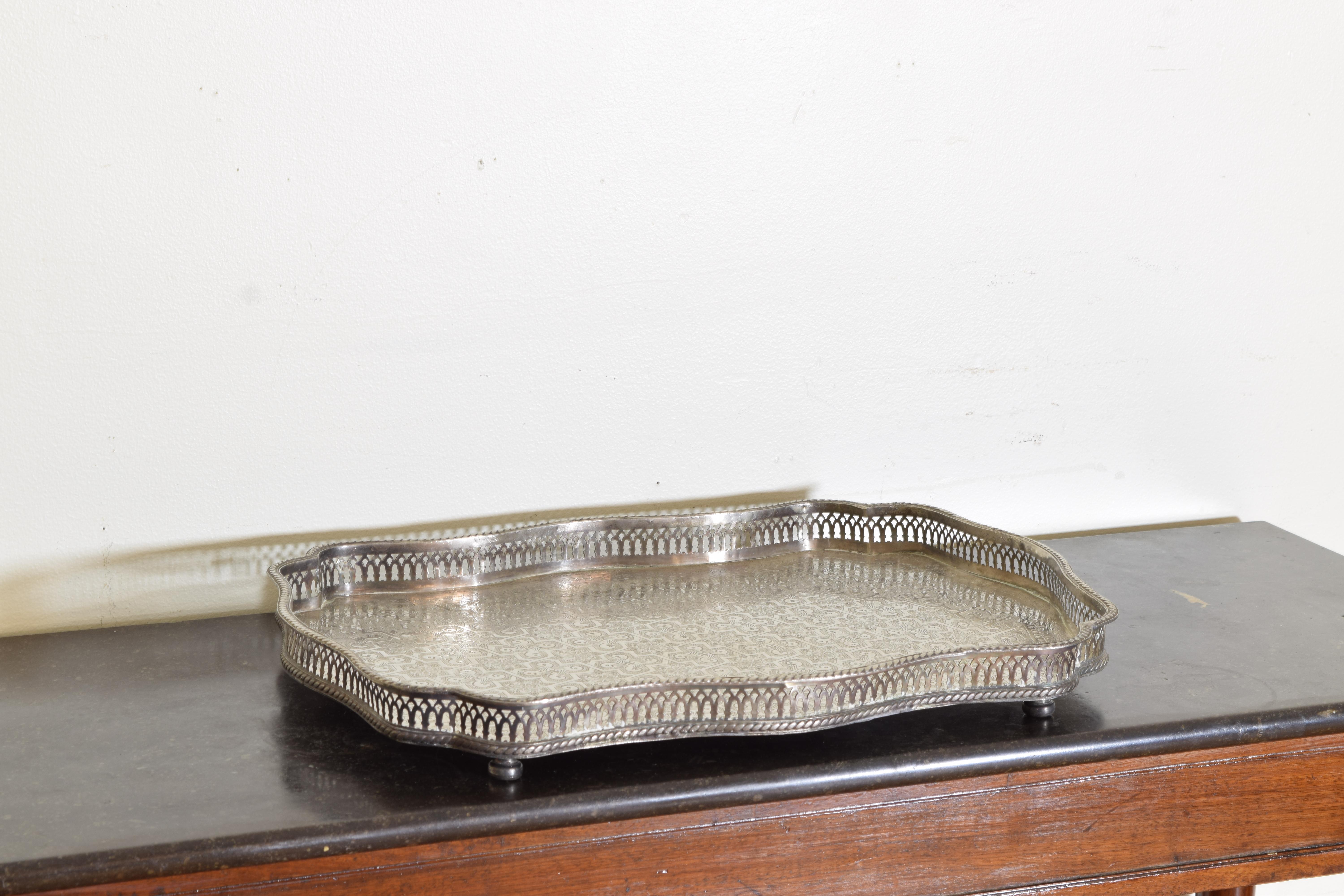 Victorian Moroccan Rococo Style Engraved Silver Plate Serving Tray, Pierced Gallery ca1900